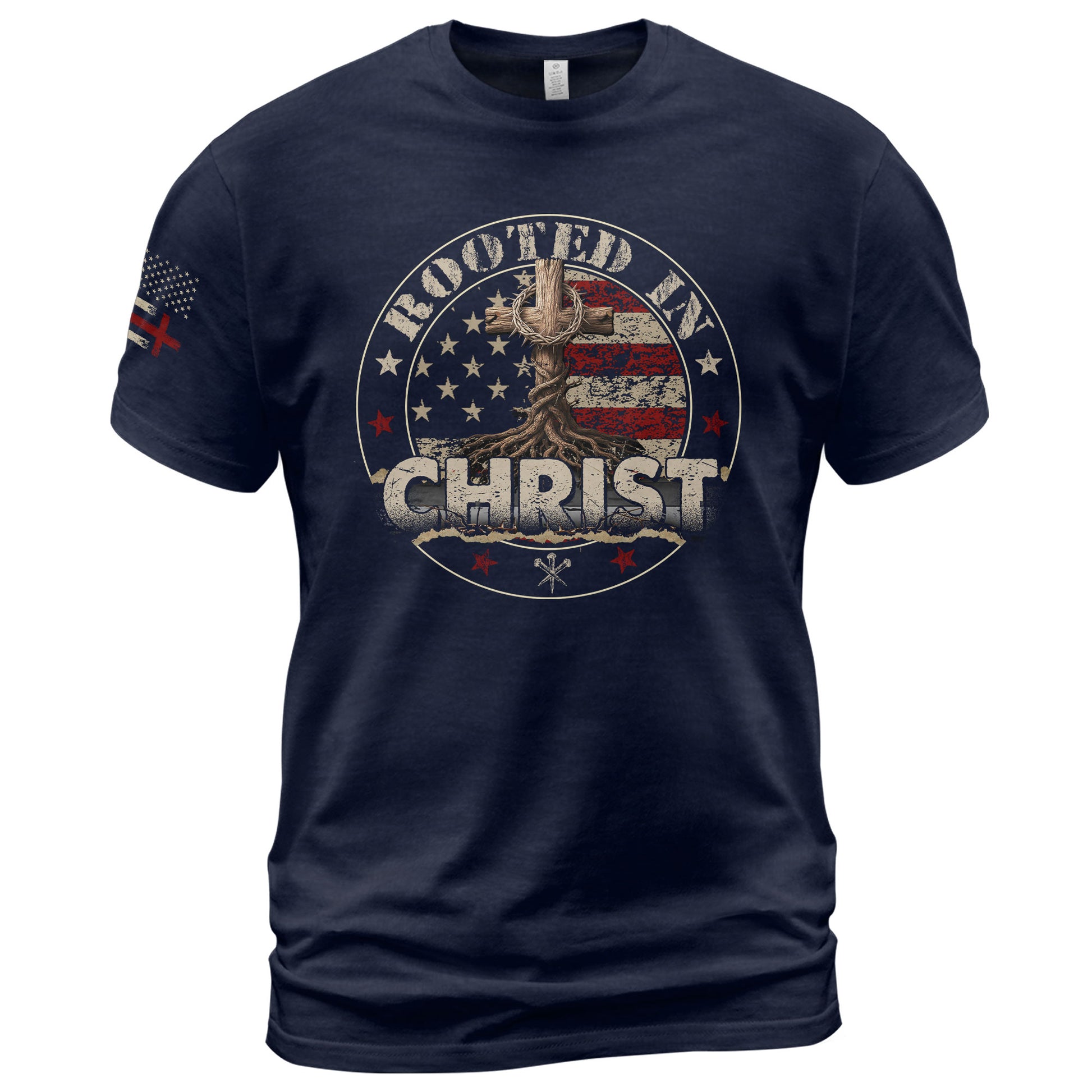 Faith Based Christian Tee Shirts, Rooted in Christ American Flag and Cross - Christian Shirts for Men - Rust Field Wear