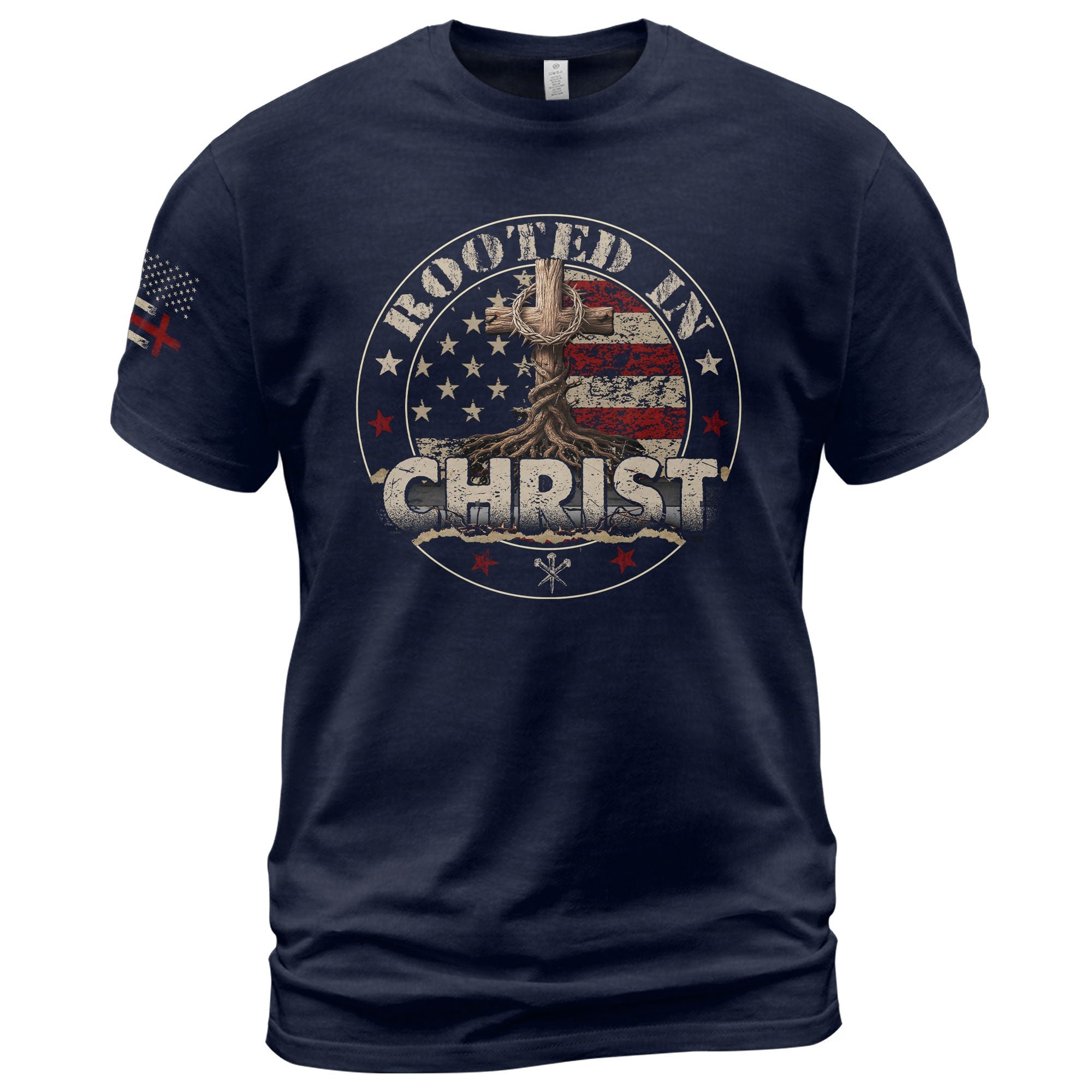 Faith Based Christian Tee Shirts, Rooted in Christ American Flag and Cross - Christian Shirts for Men - Rust Field Wear