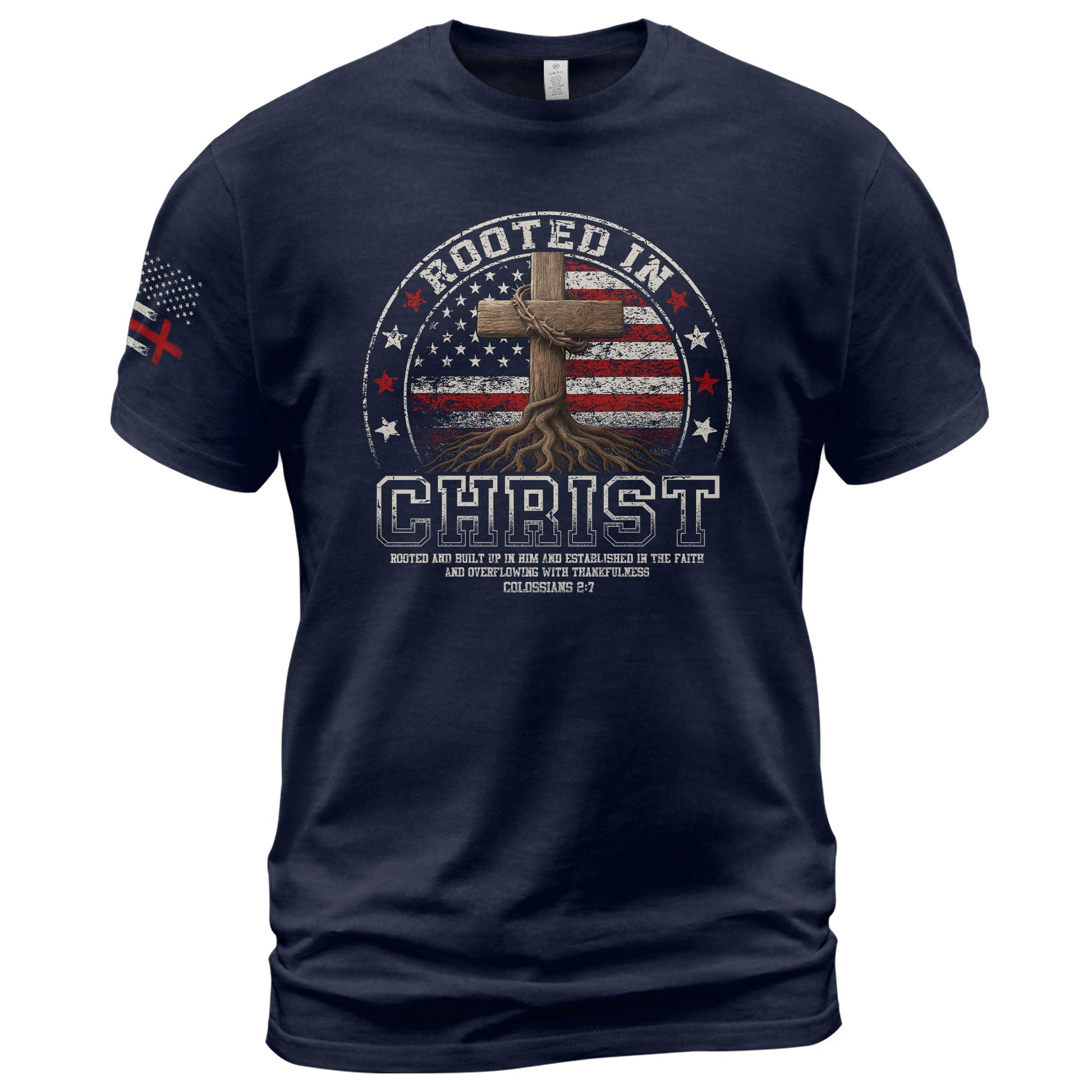 Christian Shirts for Men - Rooted in Christ Circle American Flag, Christian Tee Shirts - Rust Field Wear