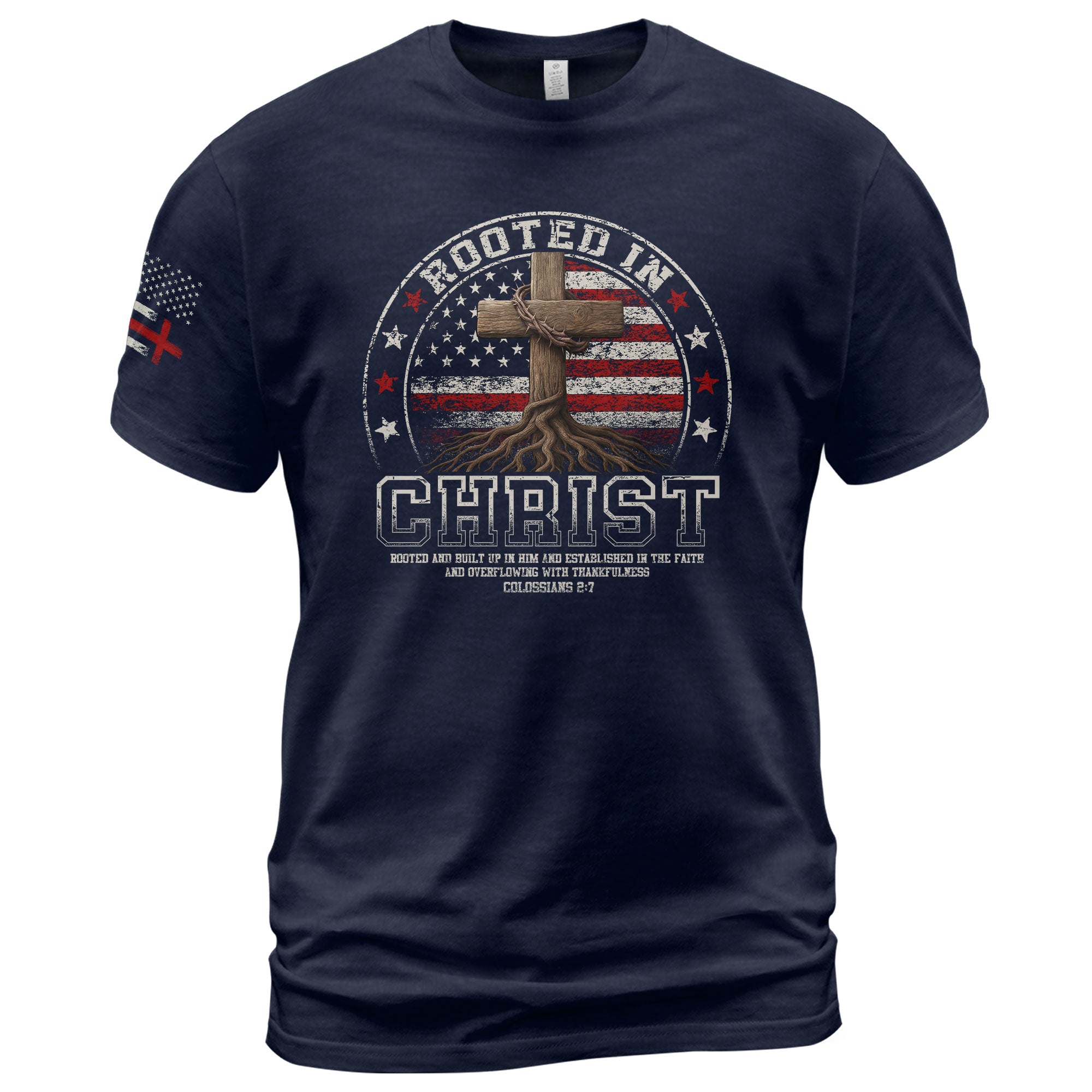 Christian Shirts for Men - Rooted in Christ Circle American Flag, Christian Tee Shirts - Rust Field Wear