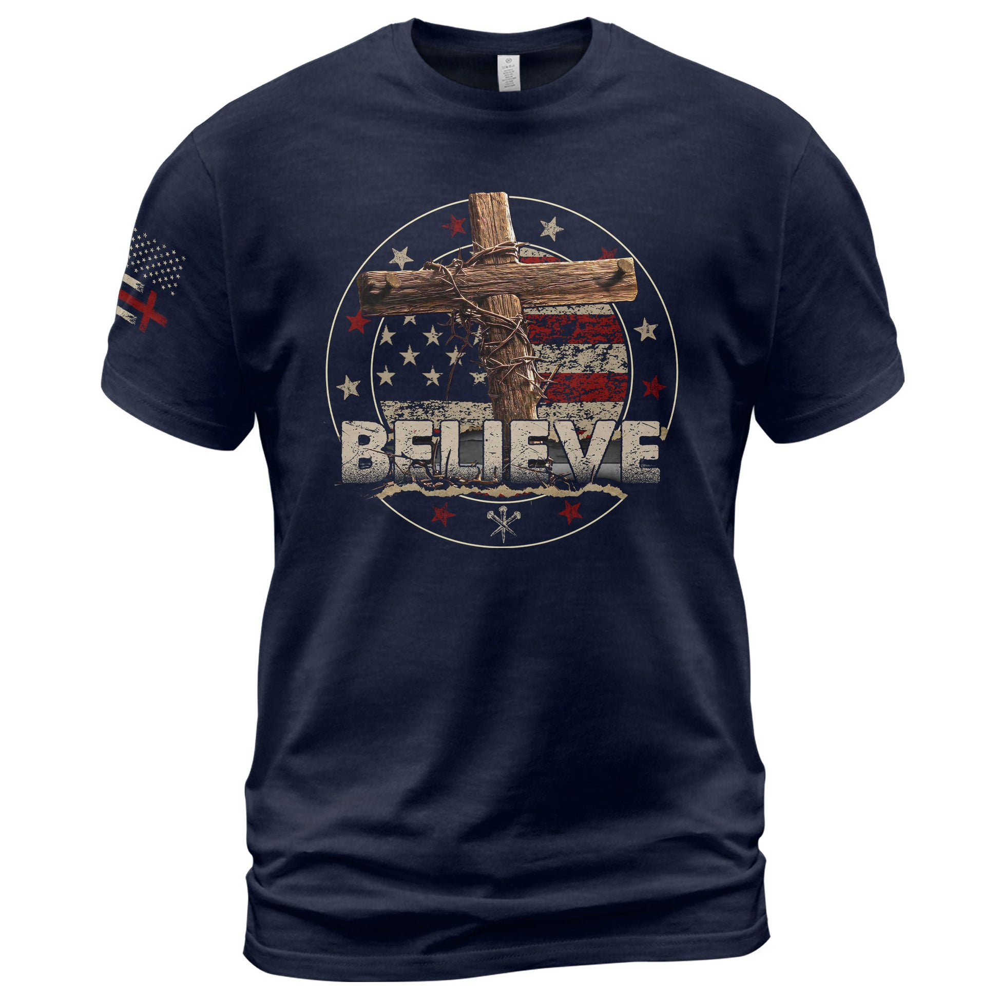 BELIEVE Christian American Flag Cross and Crown of Thorns, Christian Shirts for Men - Christian Tee Shirts - Rust Field Wear