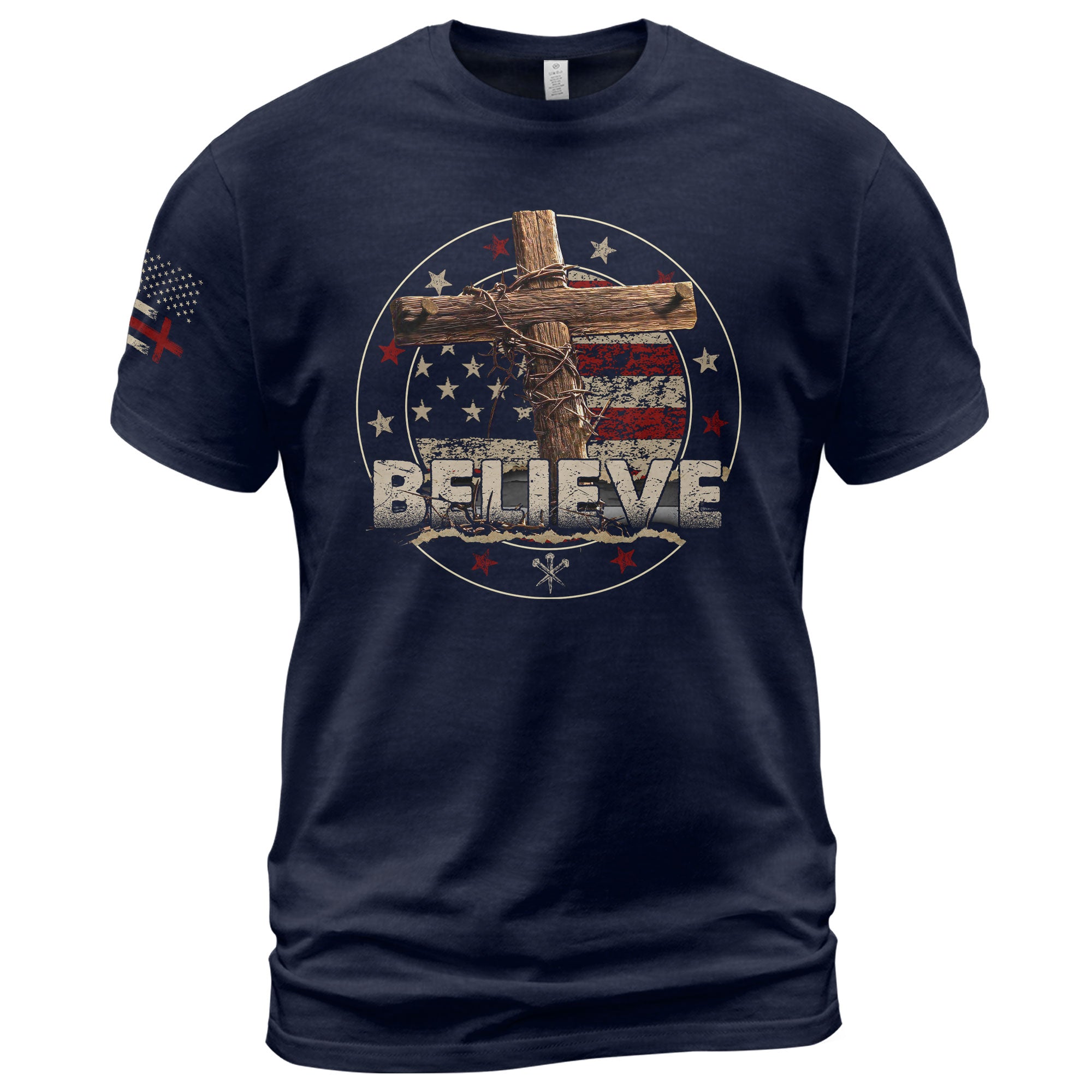 BELIEVE Christian American Flag Cross and Crown of Thorns, Christian Shirts for Men - Christian Tee Shirts - Rust Field Wear