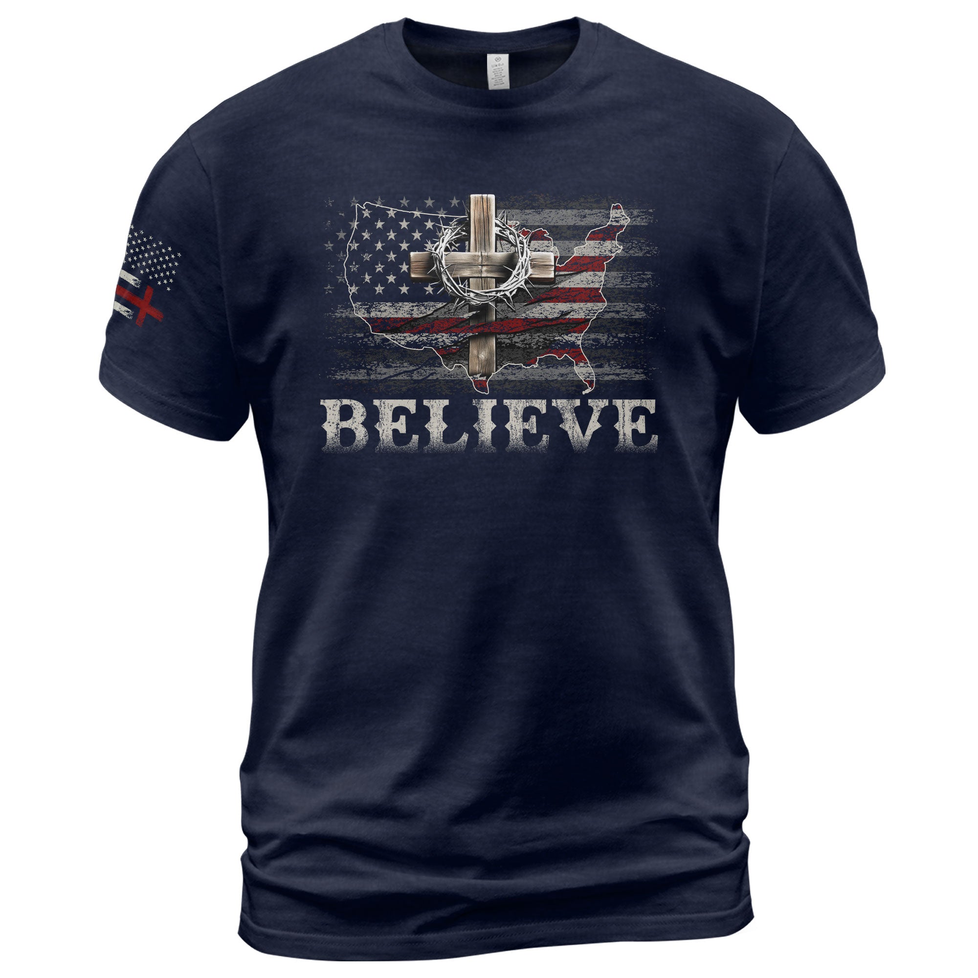 Christian Tee Shirts, Believe USA Flag Cross - Christian Shirts for Men - Rust Field Wear
