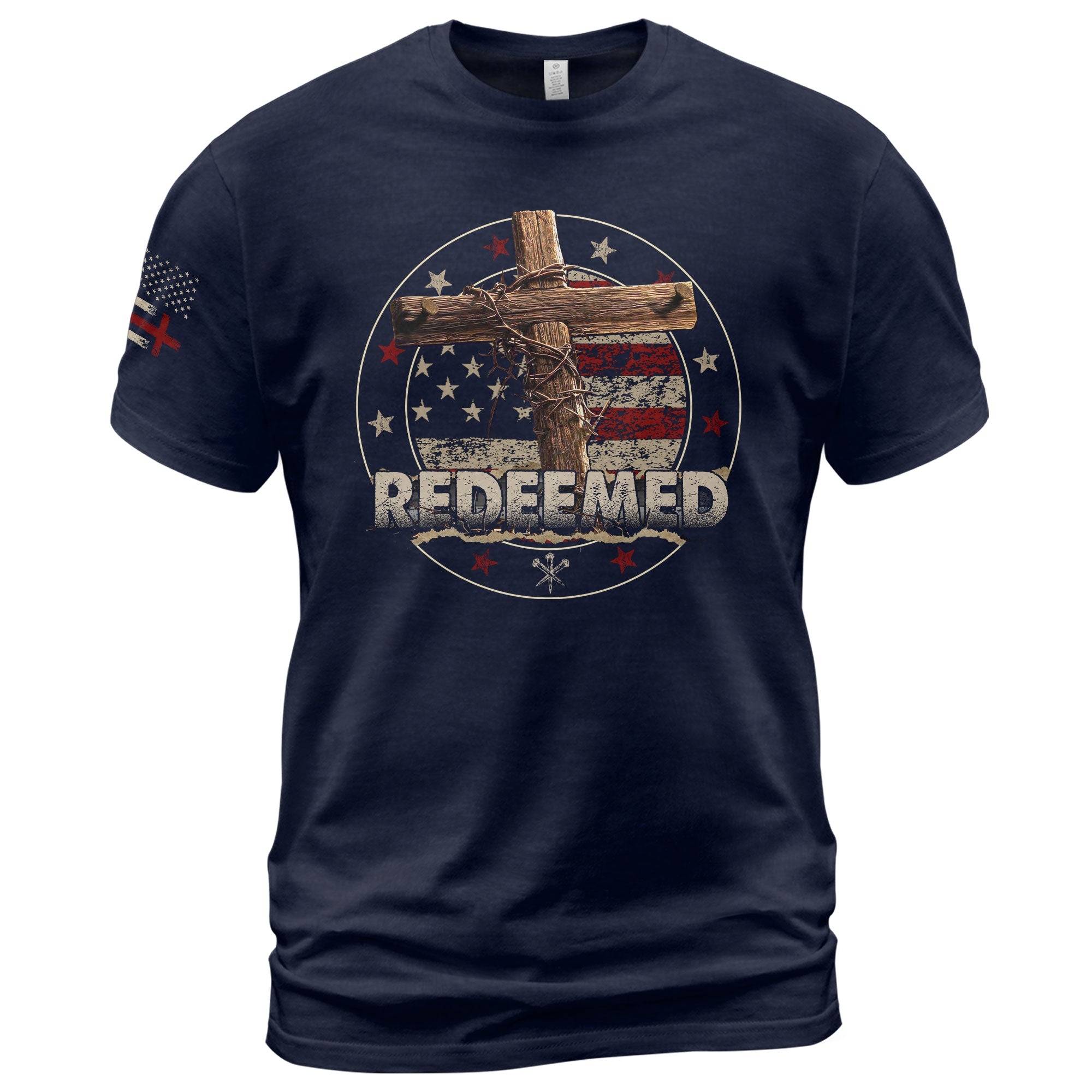 Redeemed Cross Christian American Flag Faith - Christian Shirts for Men, Faith Based Christian Tee Shirts - Rust Field Wear