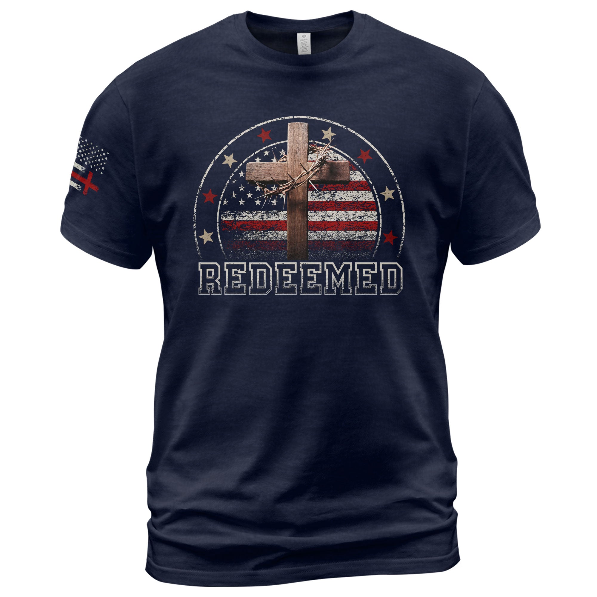 Redeemed Christian Cross and American Flag Design, Christian Shirts for Men - Christian Tee Shirts - Rust Field Wear