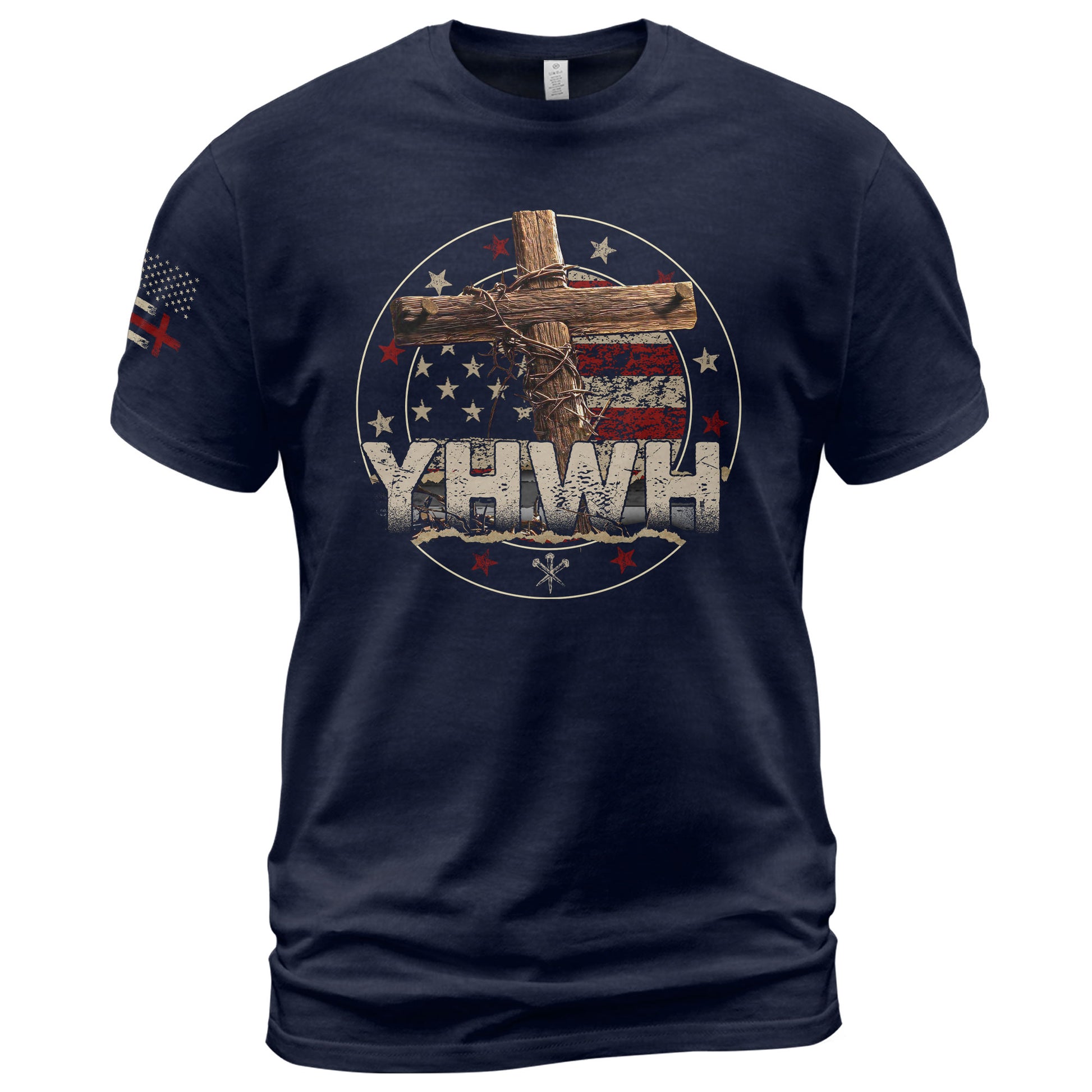 Christian Shirts for Men, YHWH American Flag Cross Christian Faith - Christian Tee Shirts - Rust Field Wear