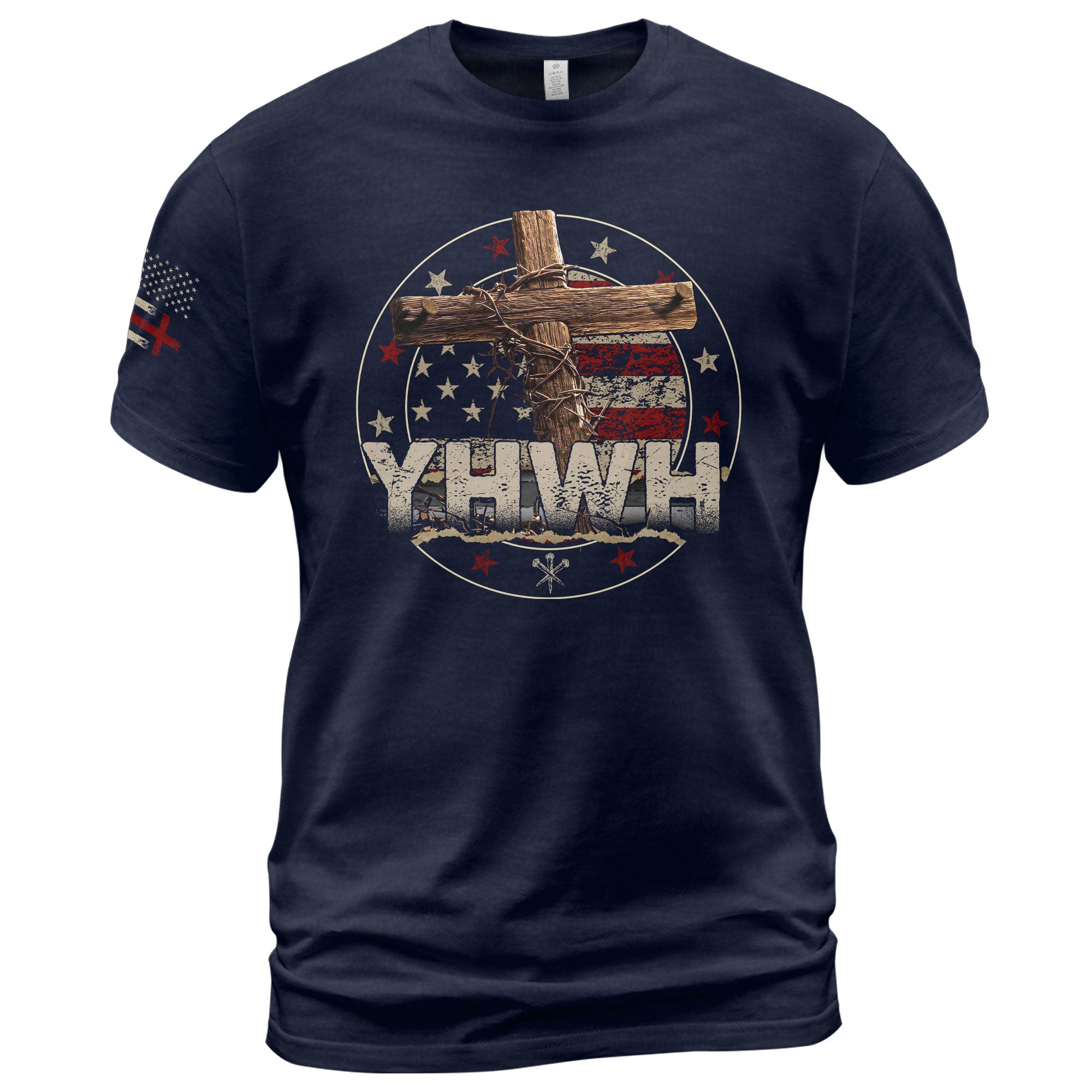 Christian Shirts for Men, YHWH American Flag Cross Christian Faith - Christian Tee Shirts - Rust Field Wear