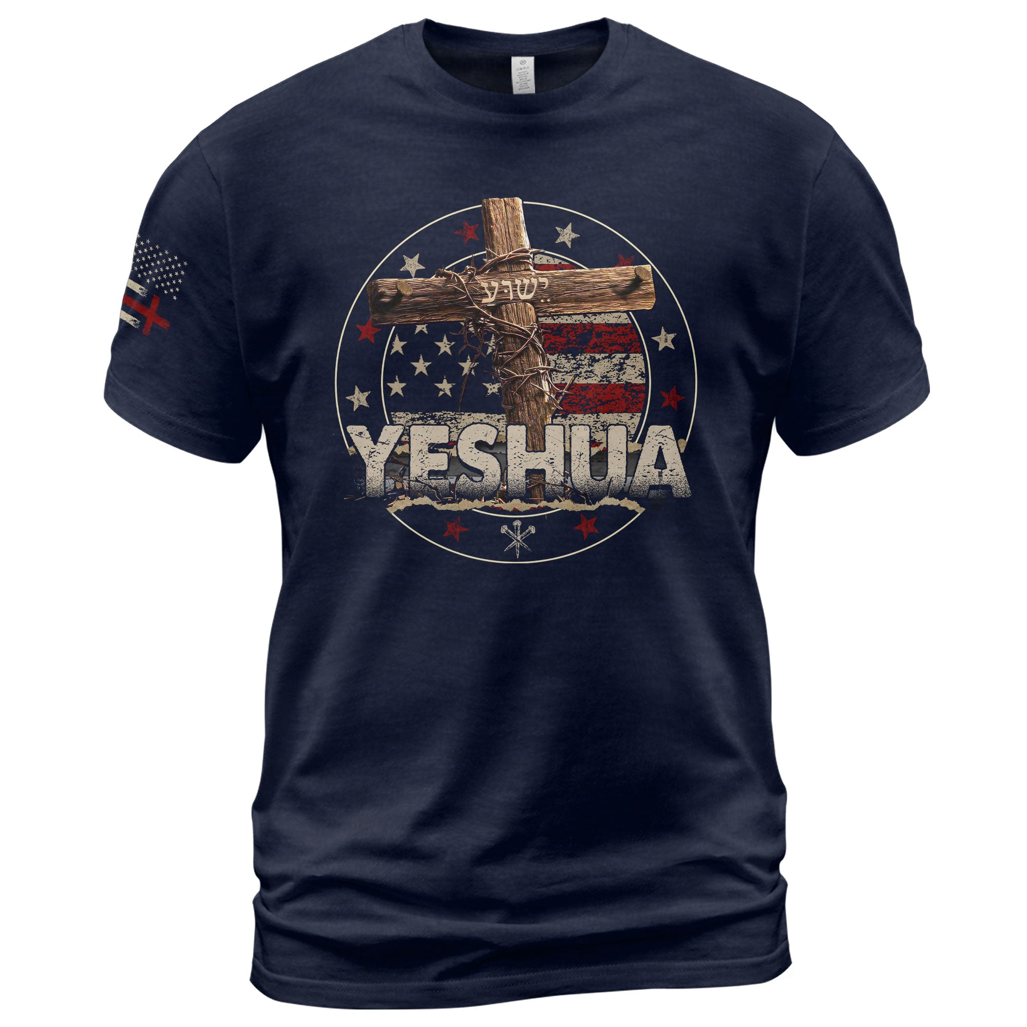 Christian Shirts for Men - Yeshua Cross and Flag, Christian Tee Shirts - Rust Field Wear