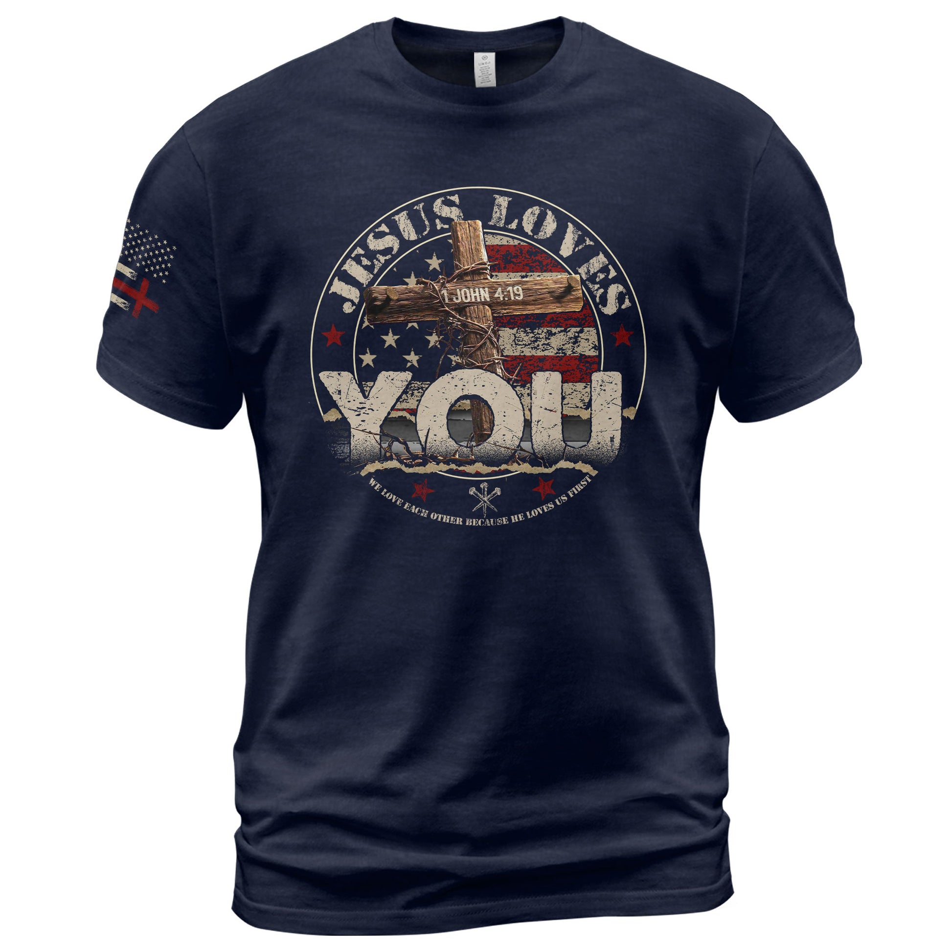 Jesus Loves You John 4:19, Christian Tee Shirts - Faith Shirts for Men - Rust Field Wear