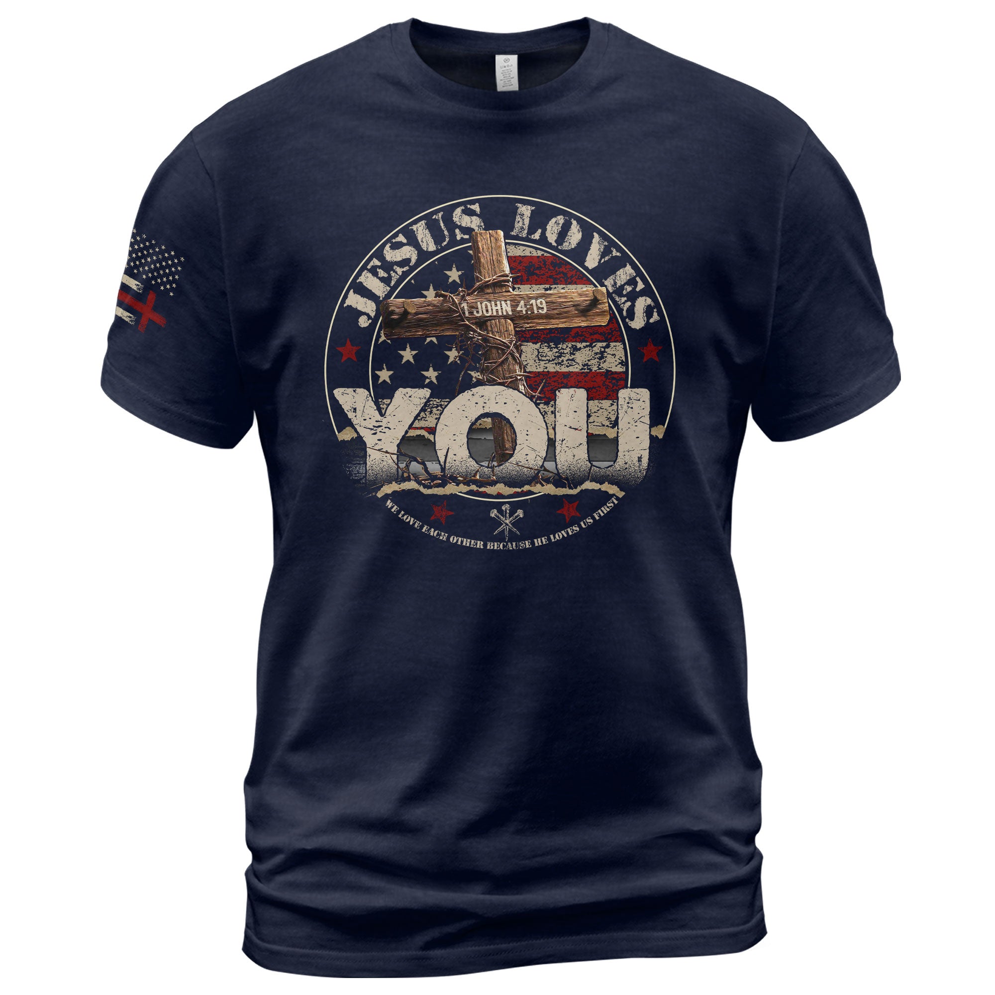 Jesus Loves You John 4:19, Christian Tee Shirts - Faith Shirts for Men - Rust Field Wear