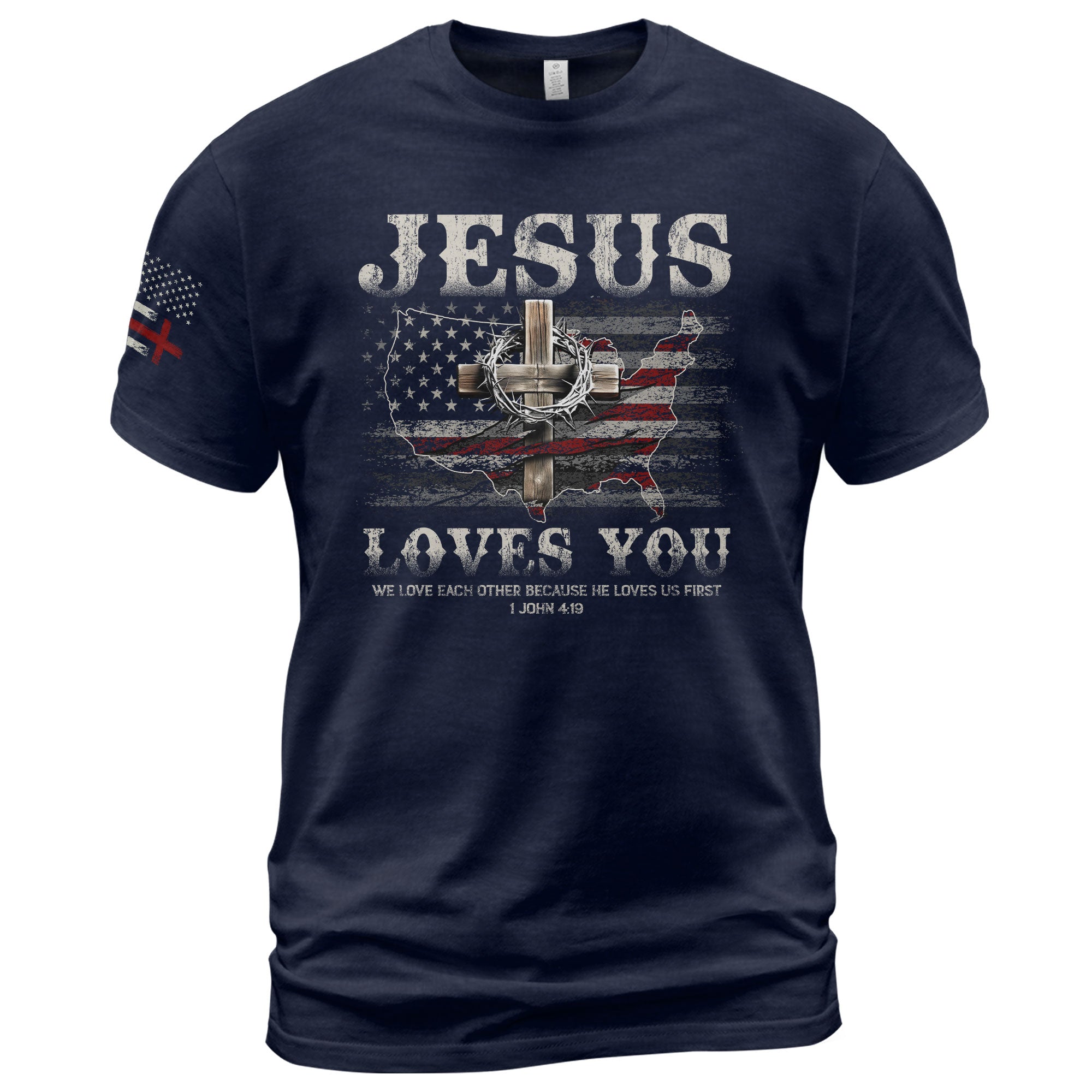 Faith Based Christian Tee Shirts, Jesus Loves You American Flag Cross - Christian Shirts for Men - Rust Field Wear