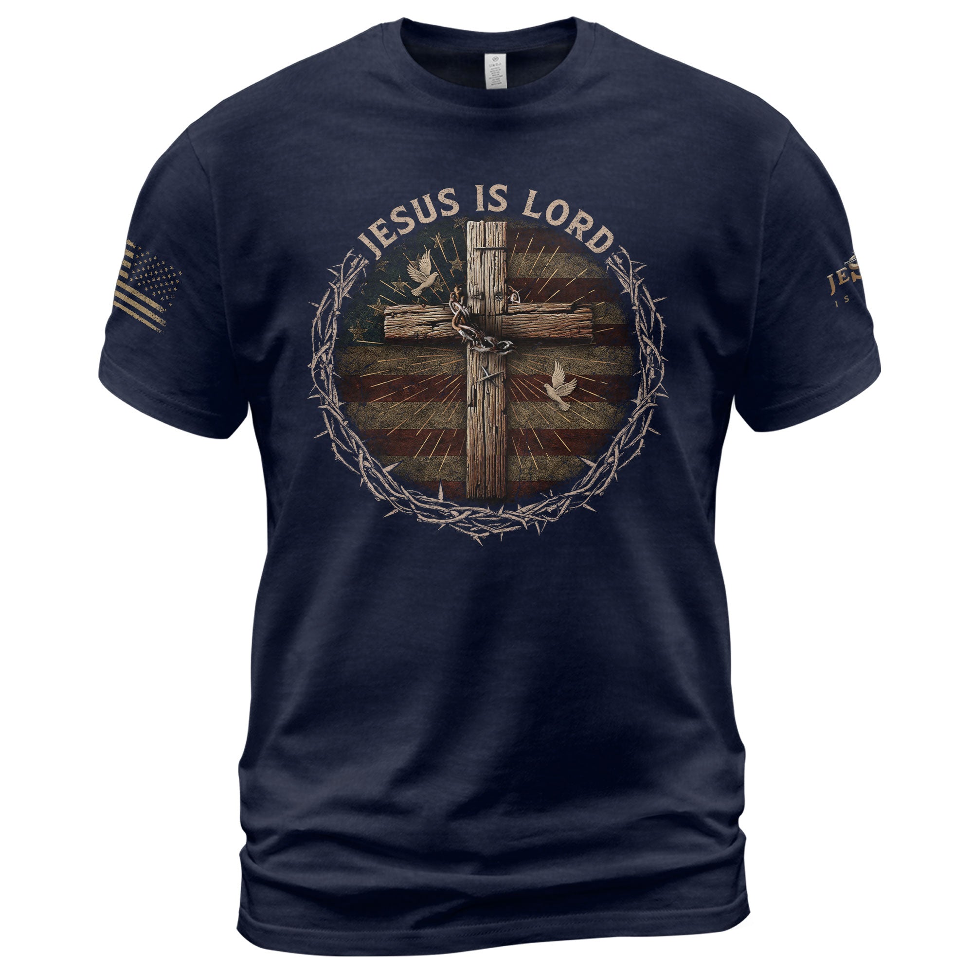Christian Shirts for Men - Jesus Is Lord Cross and American Flag, Christian Tee Shirts - Rust Field Wear