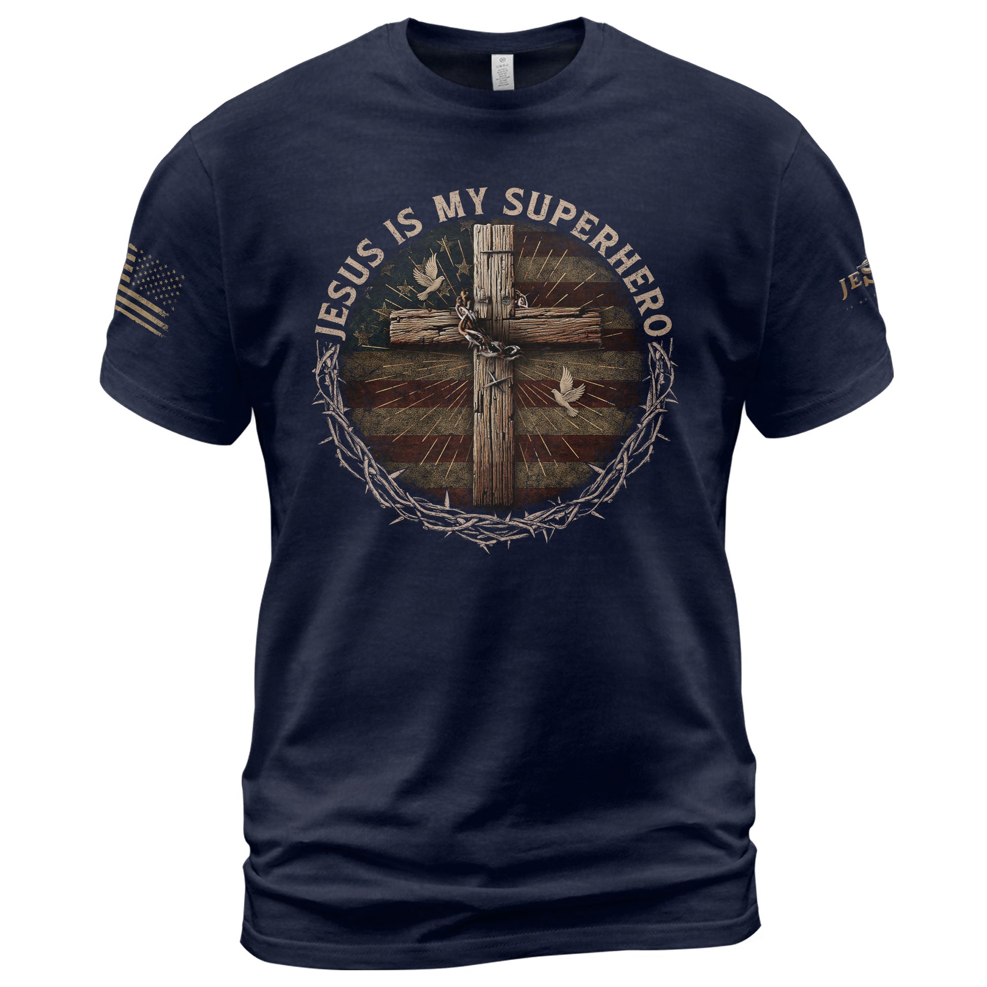 Jesus Is My Superhero Cross and American Flag - Christian Tee Shirts, Christian Shirts for Men - Rust Field Wear