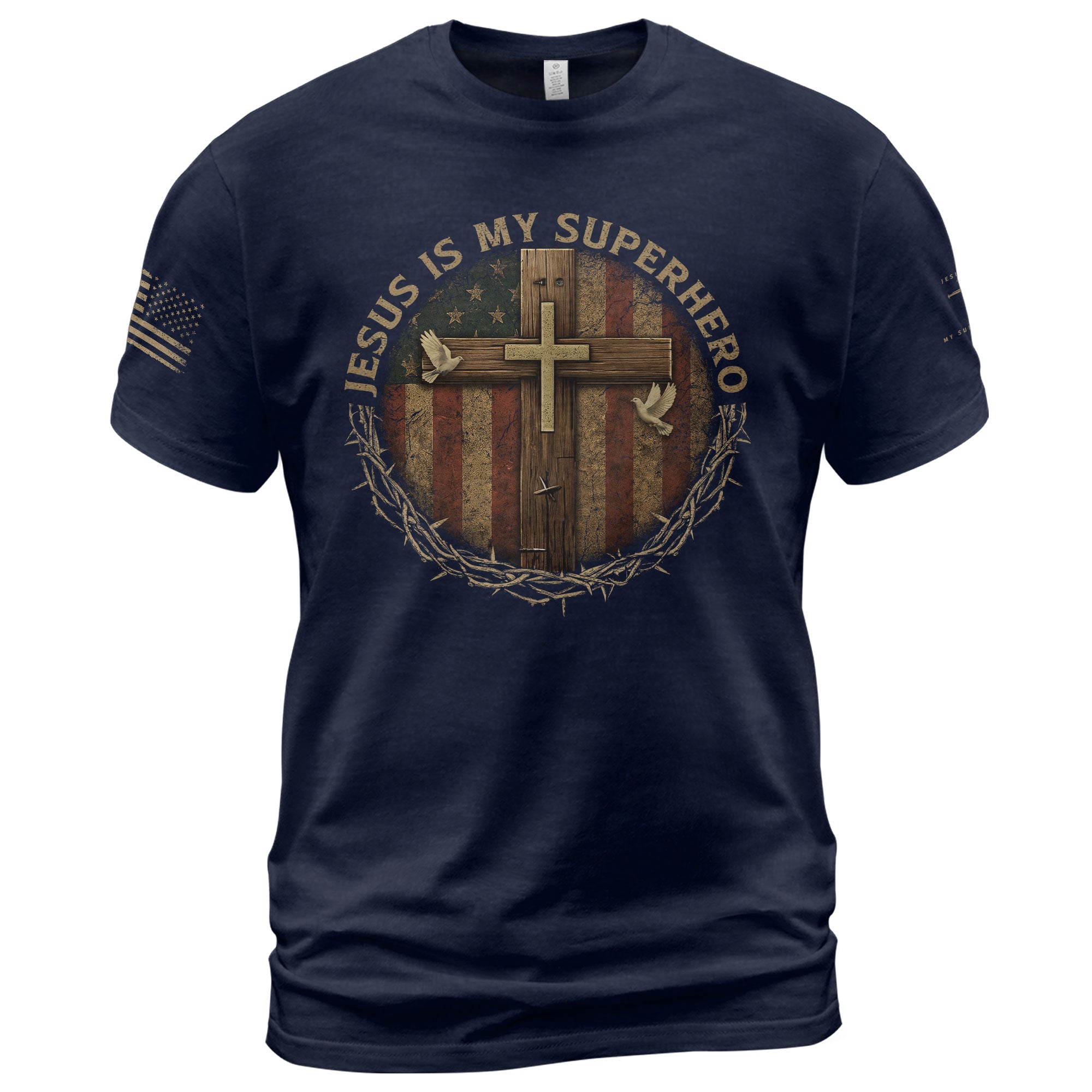 Jesus Is My Superhero Patriotic Cross, Christian Tee Shirts - Faith Shirts for Men - Rust Field Wear