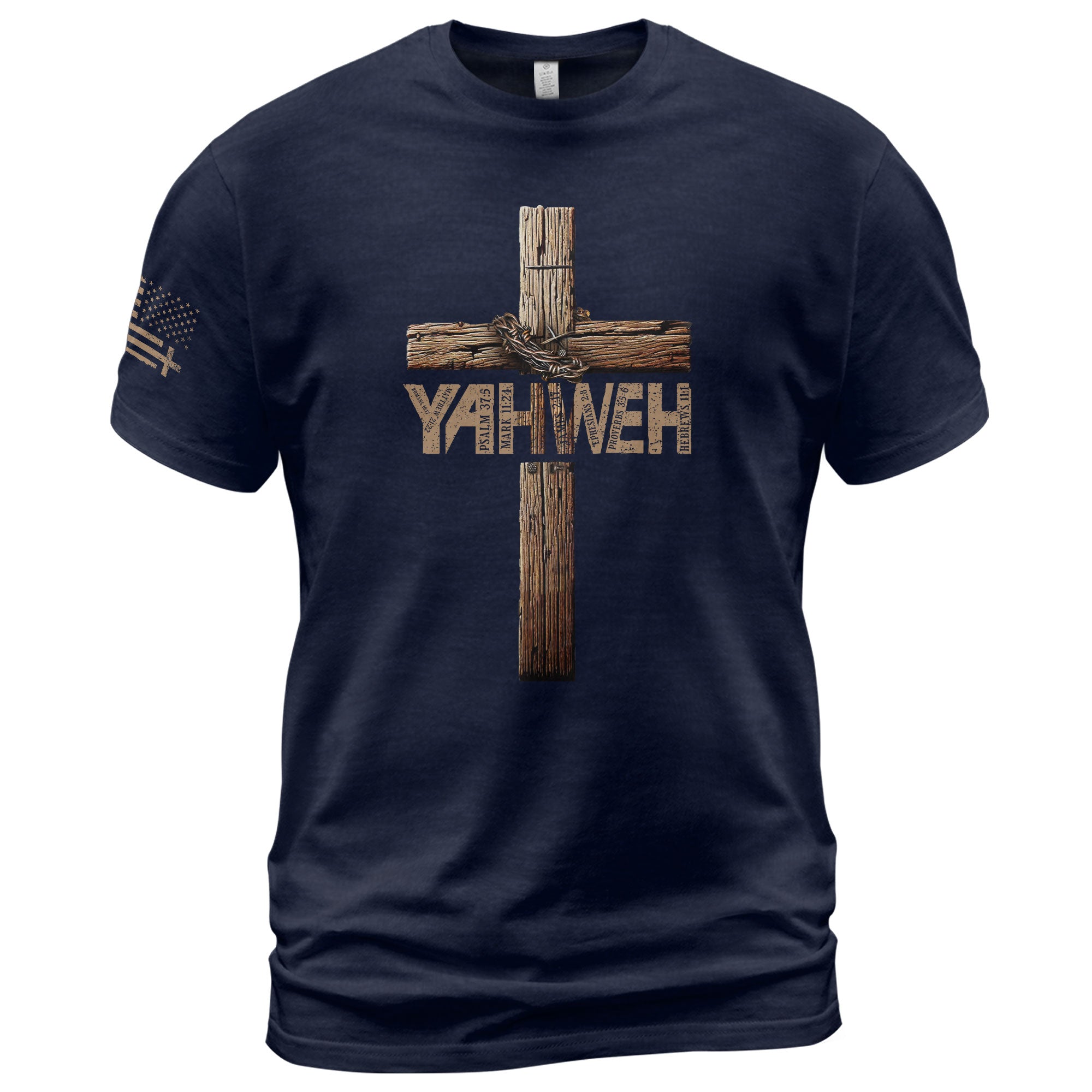 Christian Shirts for Men - Yahweh Cross with Bible Verse Wooden Design, Christian Tee Shirts - Rust Field Wear