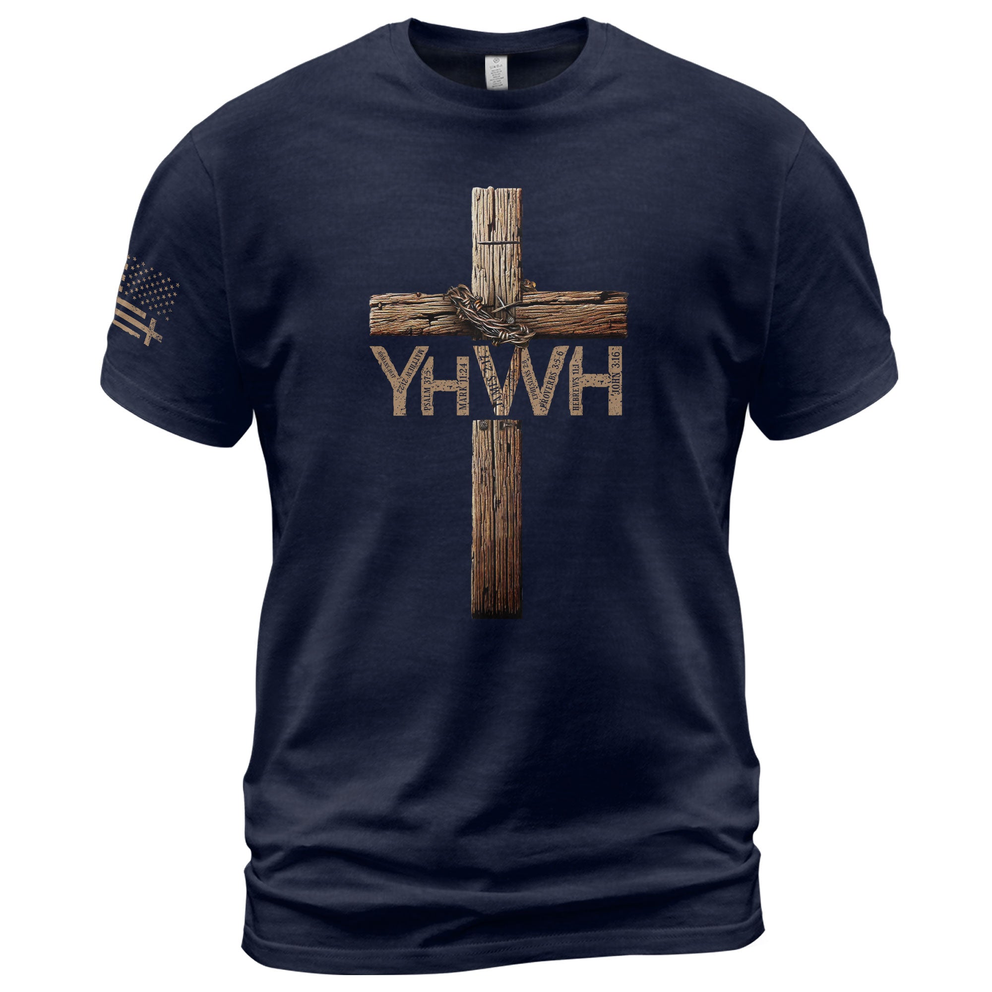 Faith Based Christian Tee Shirts, YHWH Wooden Cross with Crown of Thorns Christian - Christian Shirts for Men - Rust Field Wear