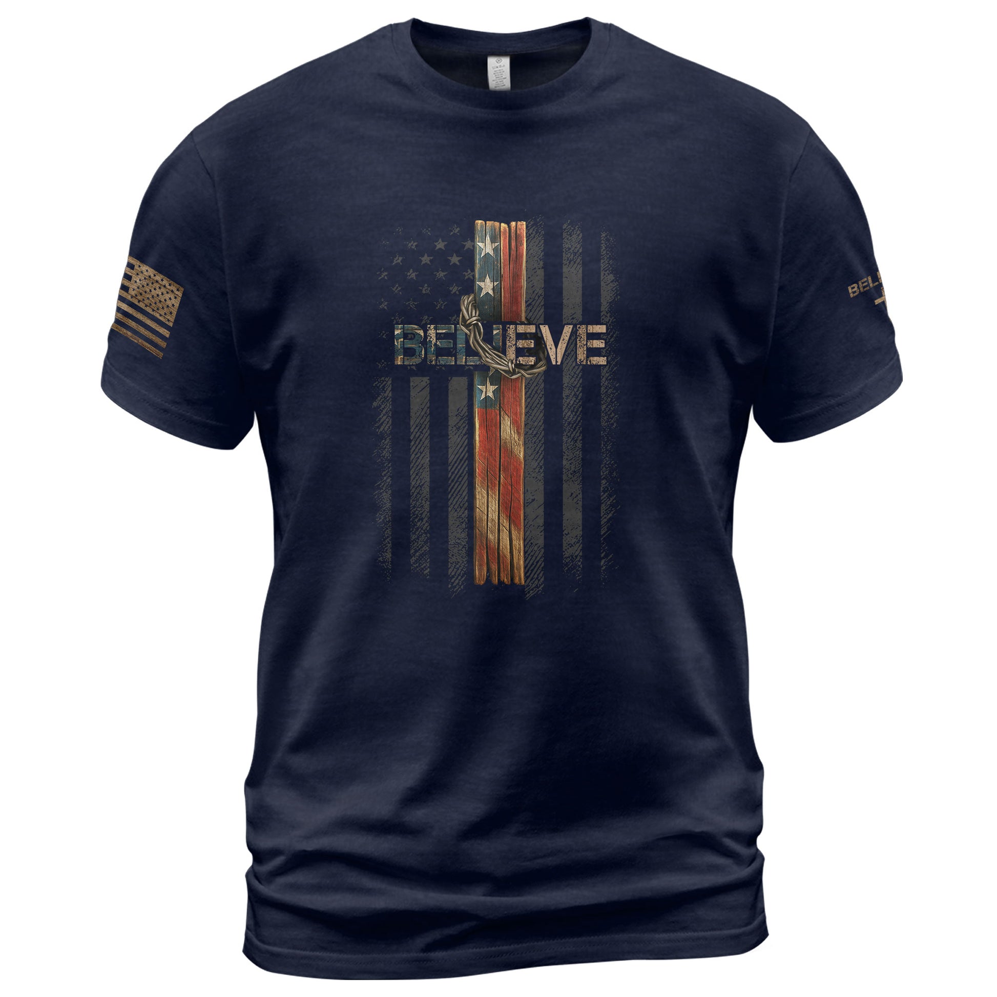 Believe American Flag Cross Christian, Christian Shirts for Men - Christian Tee Shirts - Rust Field Wear