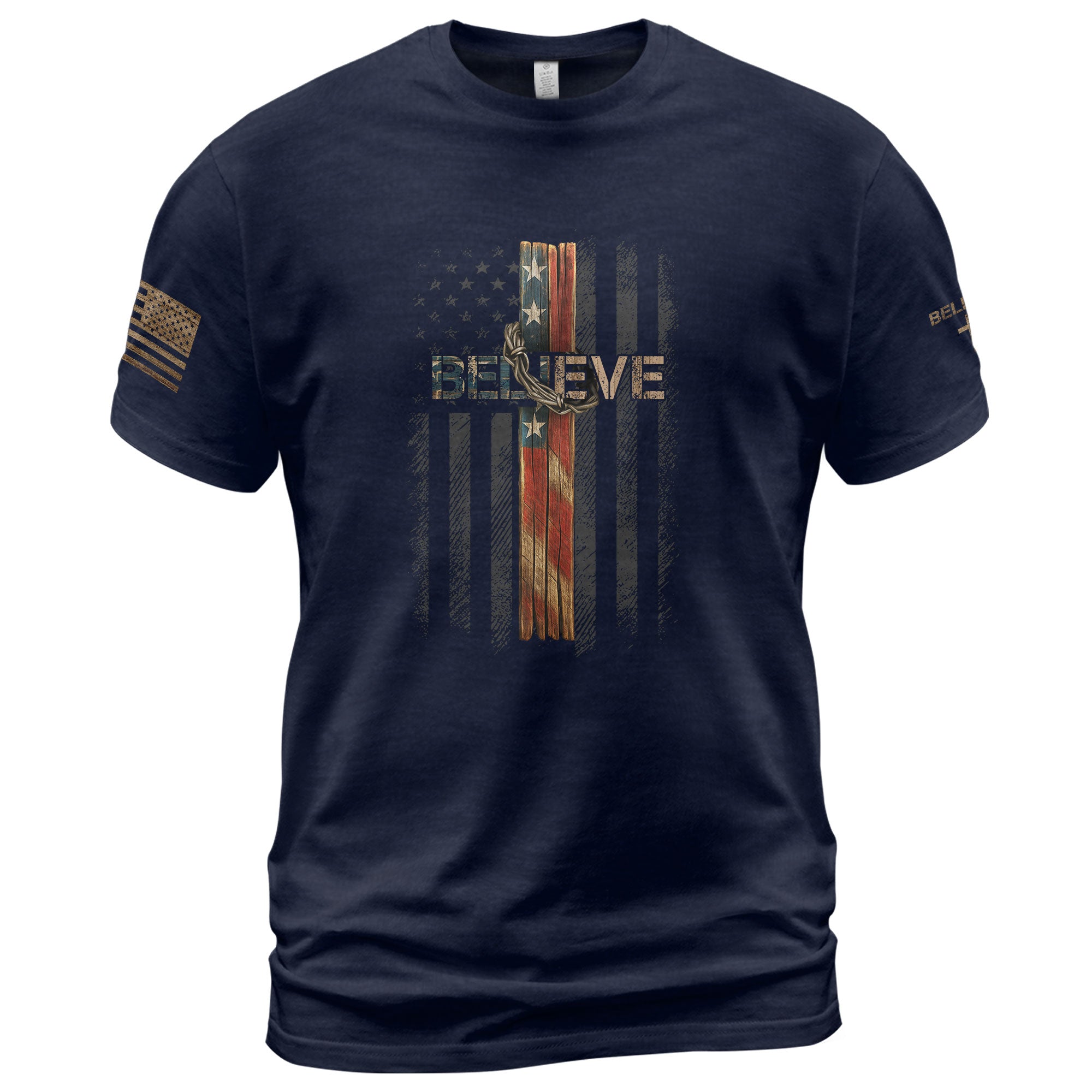 Believe American Flag Cross Christian, Christian Shirts for Men - Christian Tee Shirts - Rust Field Wear