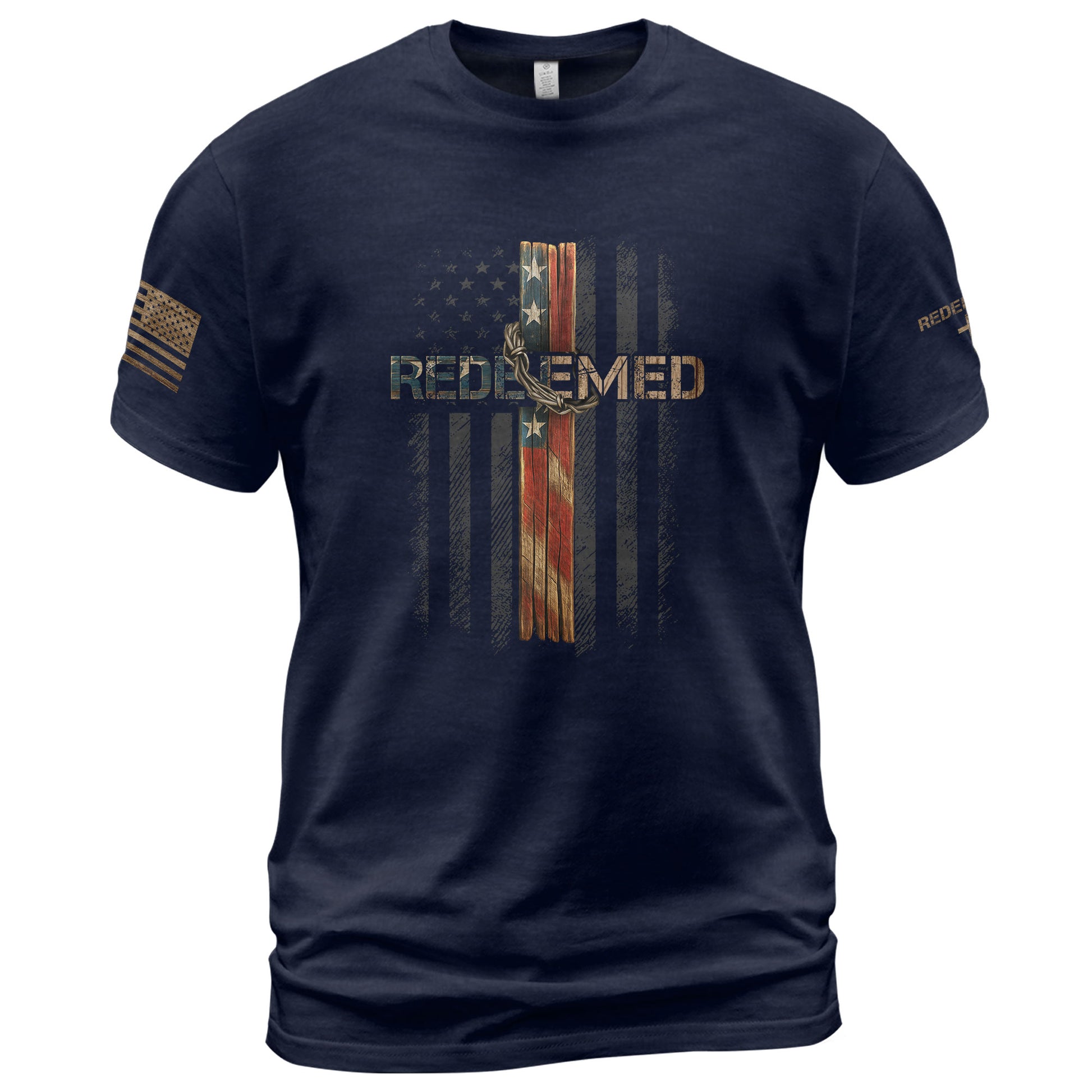 Christian Tee Shirts, Redeemed American Flag Cross Christian - Christian Shirts for Men - Rust Field Wear