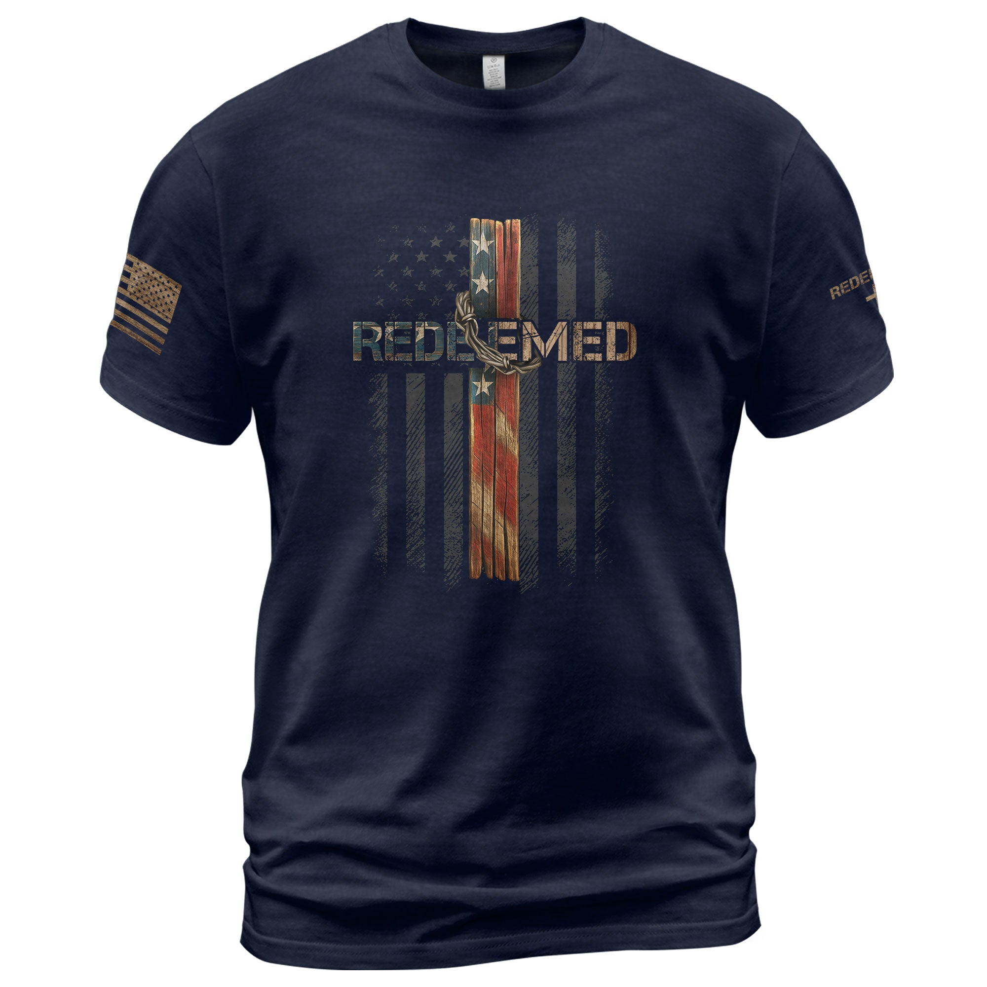 Christian Tee Shirts, Redeemed American Flag Cross Christian - Christian Shirts for Men - Rust Field Wear