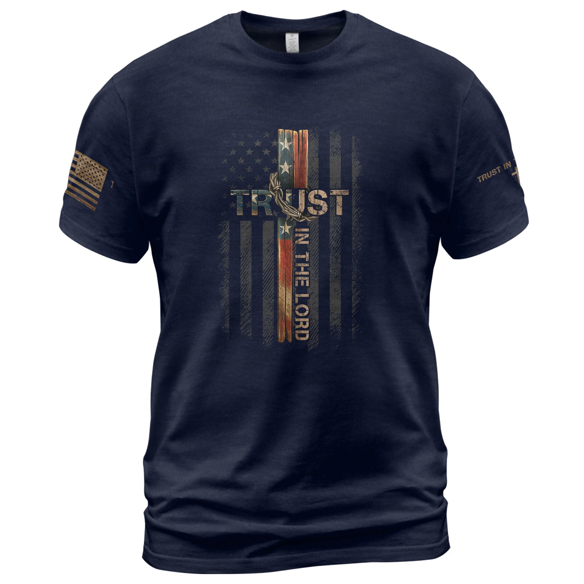 Trust In The Lord American Flag Cross - Christian Tee Shirts, Christian Shirts for Men - Rust Field Wear