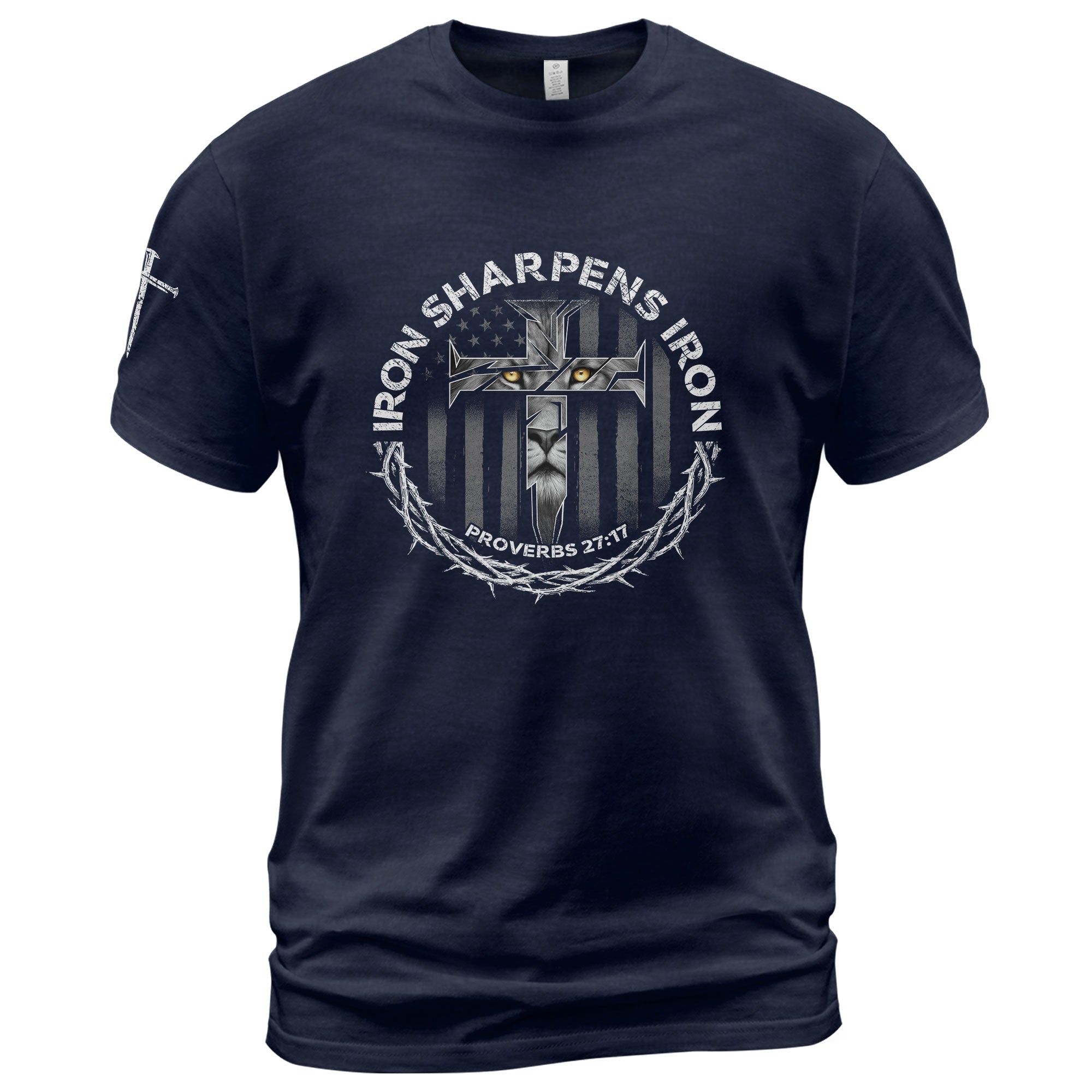 Christian Shirts for Men, Iron Sharpens Iron Proverbs 27:17 Lion Cross - Christian Tee Shirts - Rust Field Wear