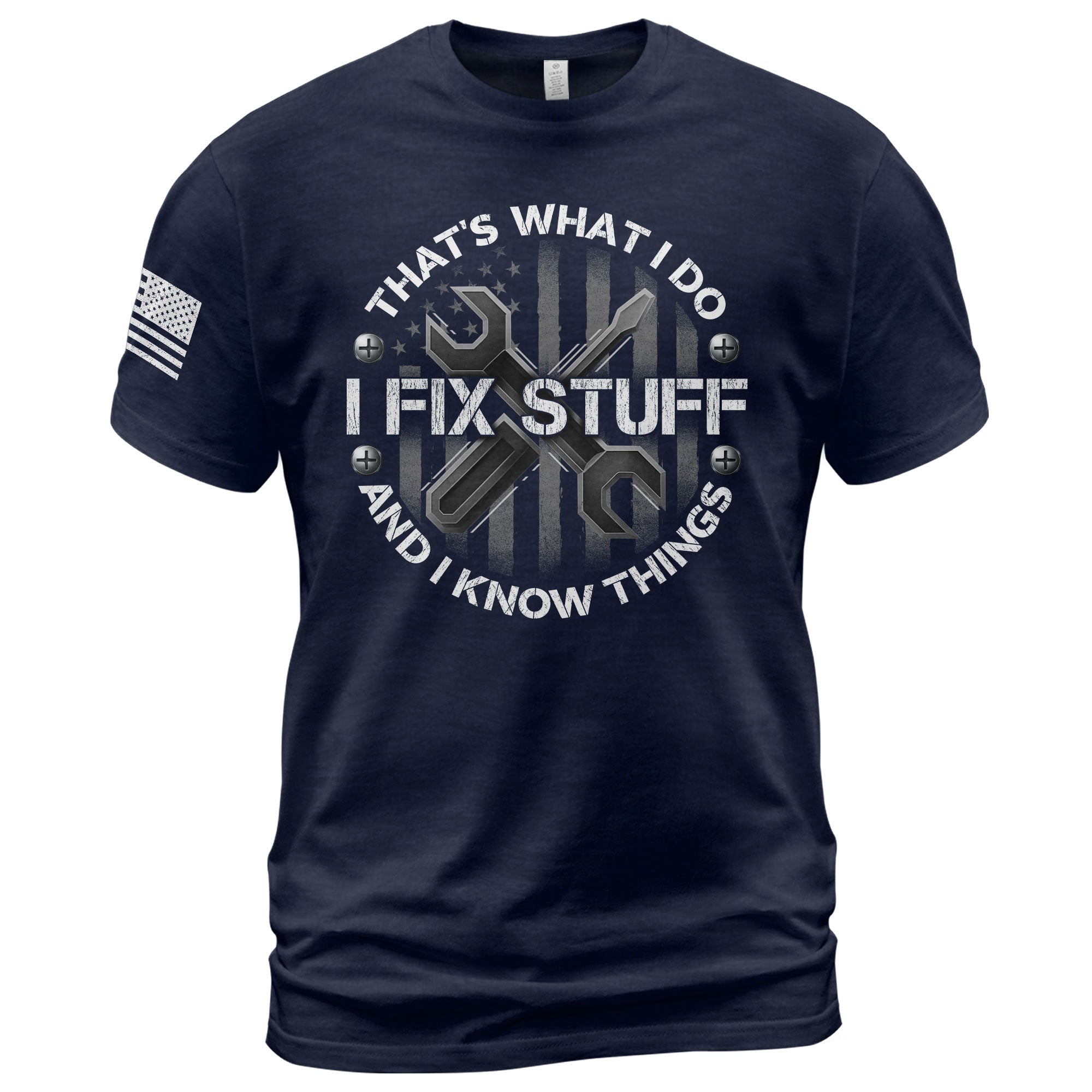 Men Graphic Circular Badge T-Shirt I Fix Stuff And I Know Things Tool Quote Tee