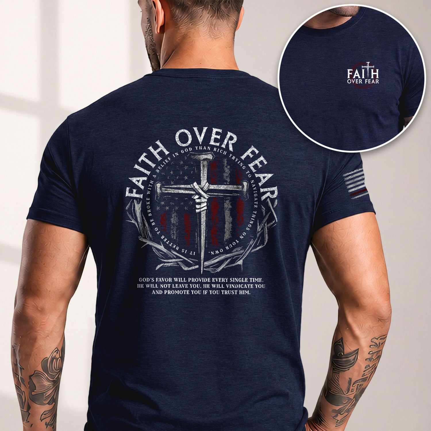 Faith Over Fear Cross With Crown of Thorns and American Flag Christian, Christian Tee Shirts - Faith Shirts for Men - Rust Field Wear