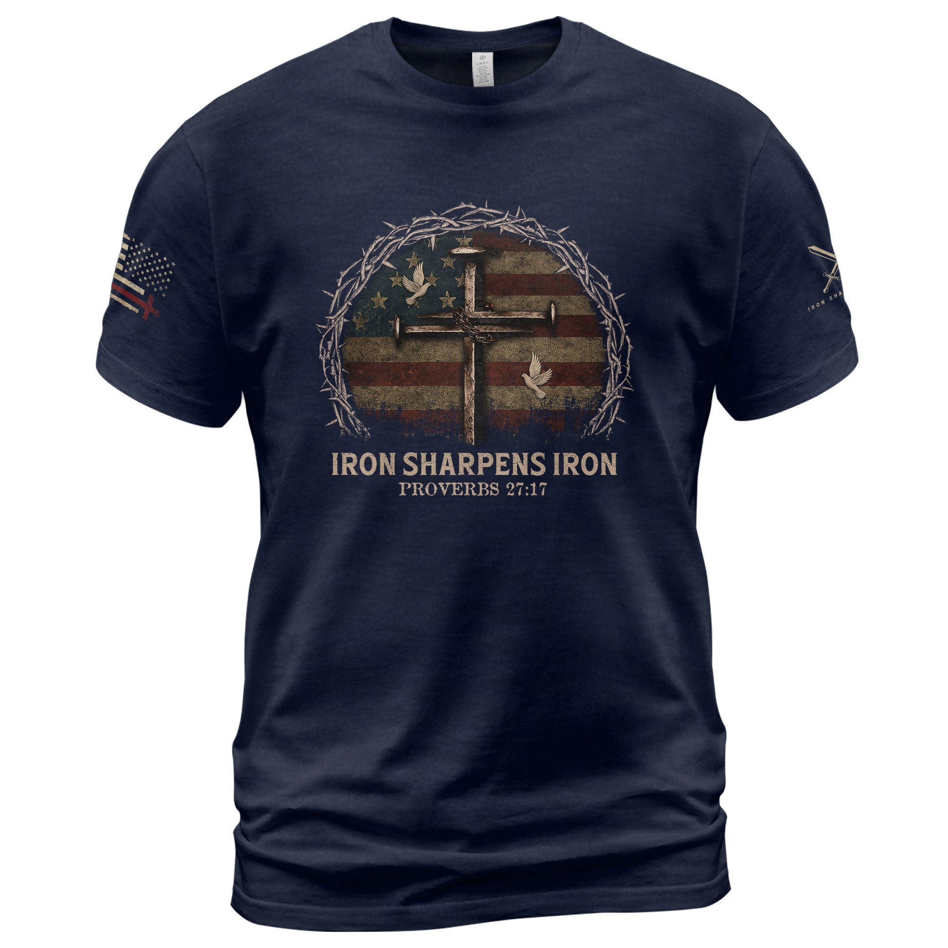 Christian Shirts for Men, Iron Sharpens Iron Cross American Flag - Christian Tee Shirts - Rust Field Wear
