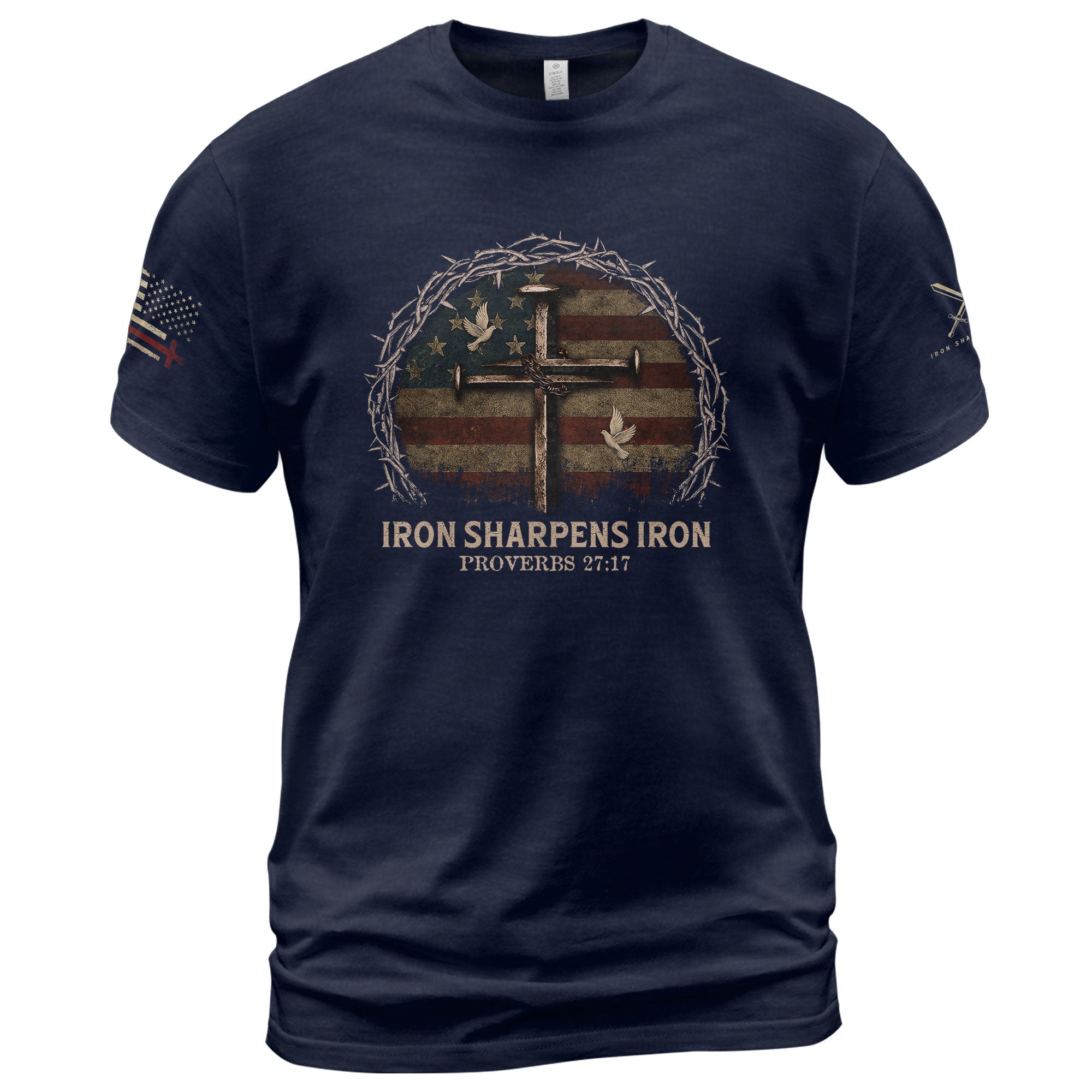 Christian Shirts for Men, Iron Sharpens Iron Cross American Flag - Christian Tee Shirts - Rust Field Wear