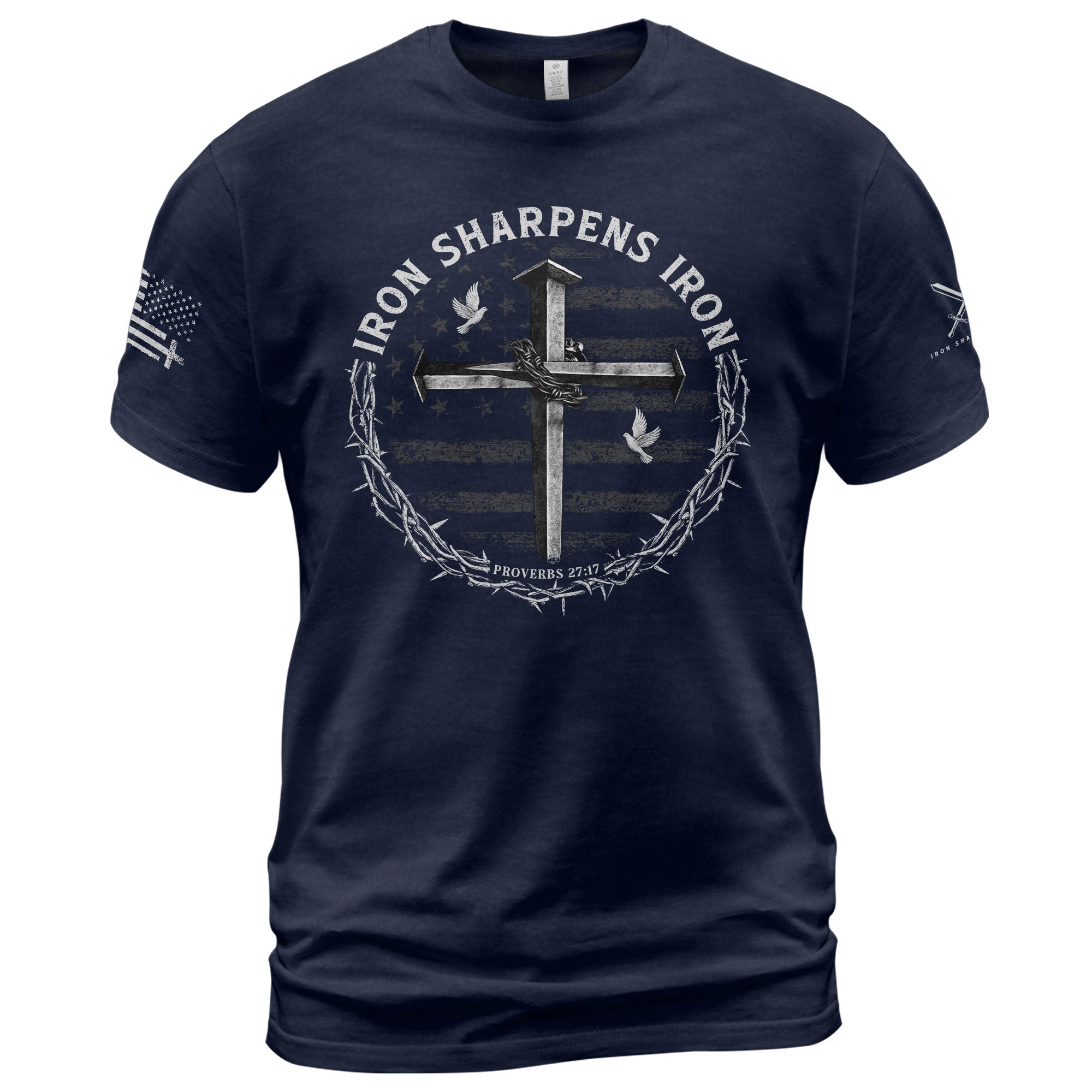 Christian Shirts for Men - Iron Sharpens Iron Cross Proverbs 27:17 Christian, Christian Tee Shirts - Rust Field Wear