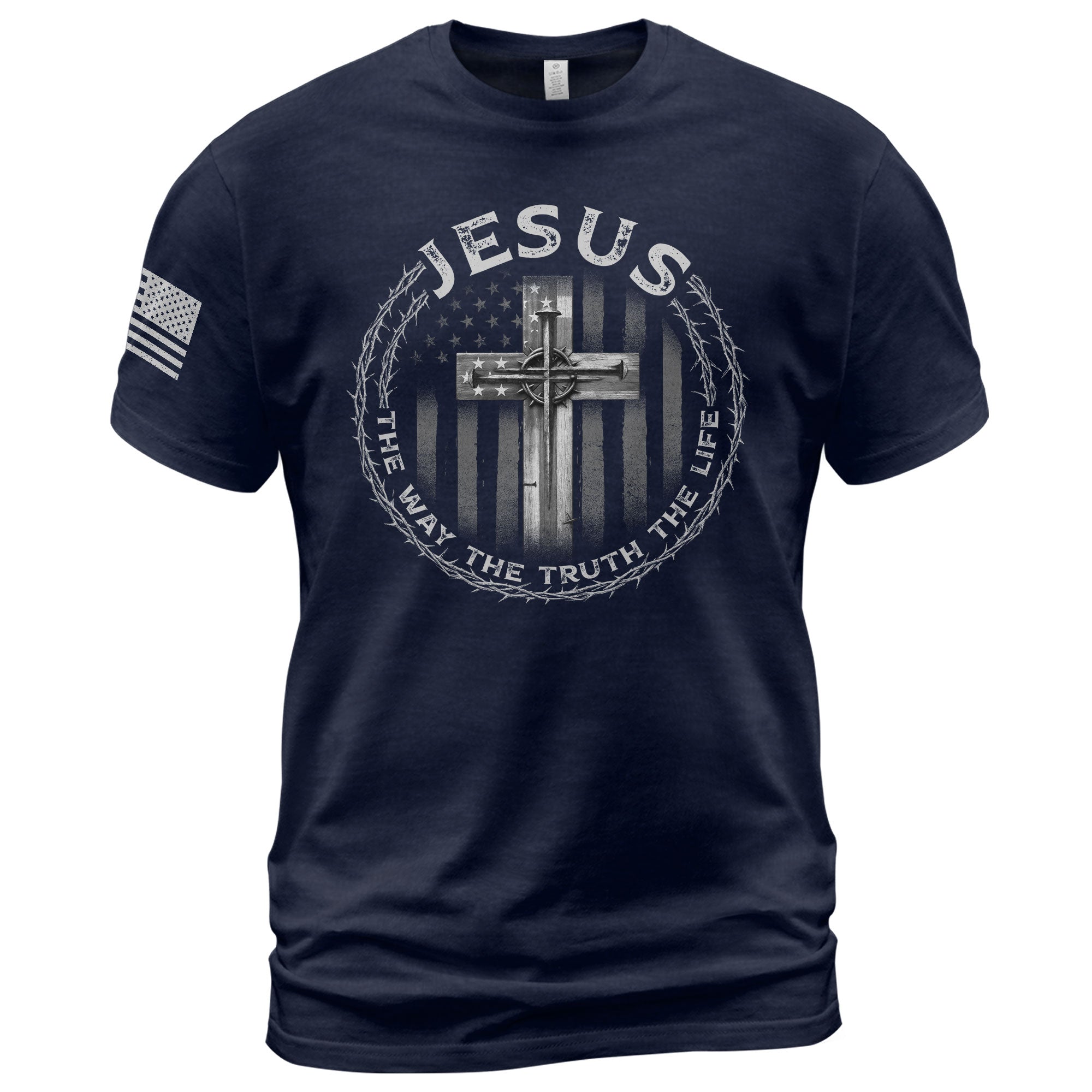 Faith Based Christian Tee Shirts, Jesus Cross American Flag The Way The Truth The Life - Christian Shirts for Men - Rust Field Wear