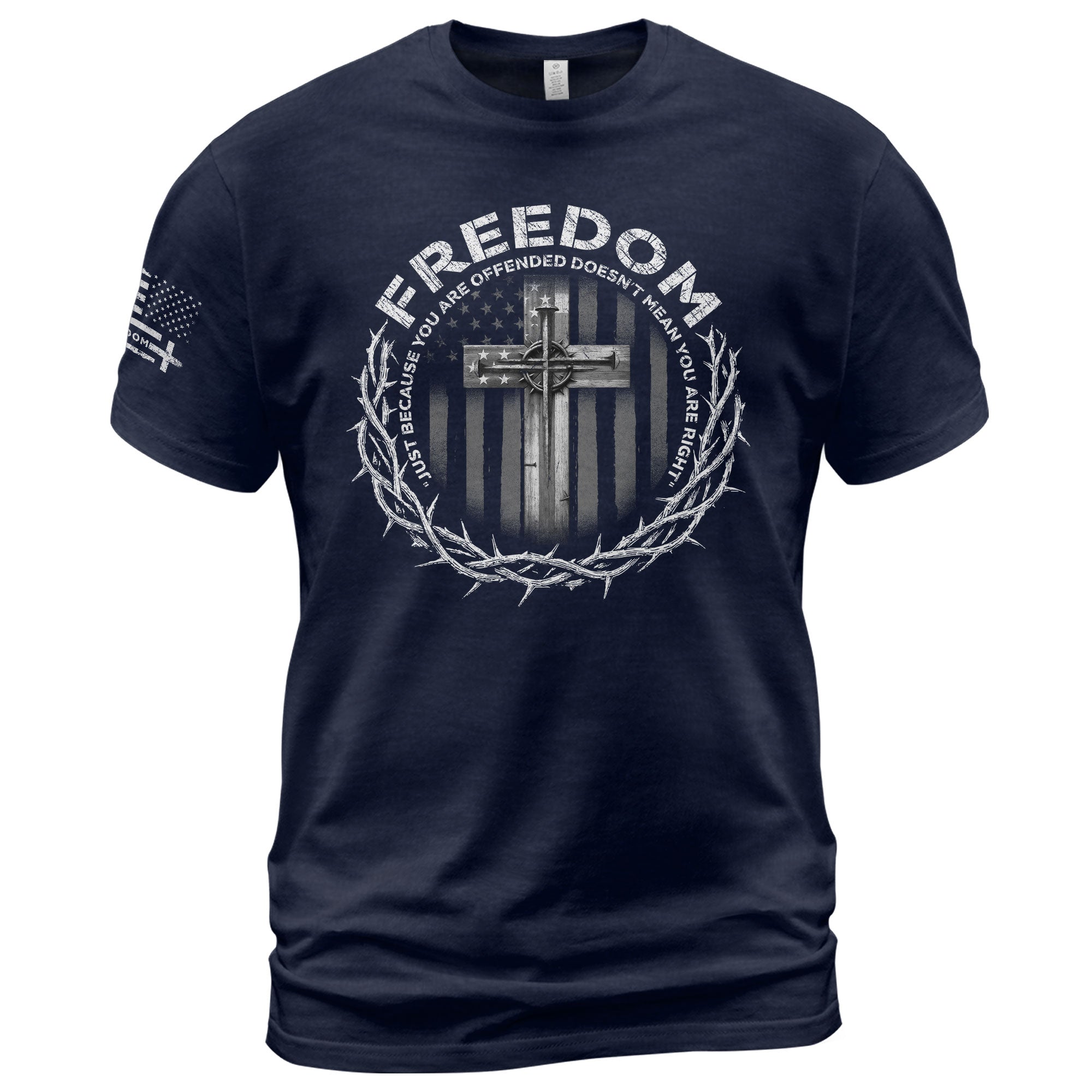 Freedom Shirts for Men, Freedom Memorial American Flag Cross with Crown of Thorns and Quote - Patriotic T Shirts - Rust Field Wear