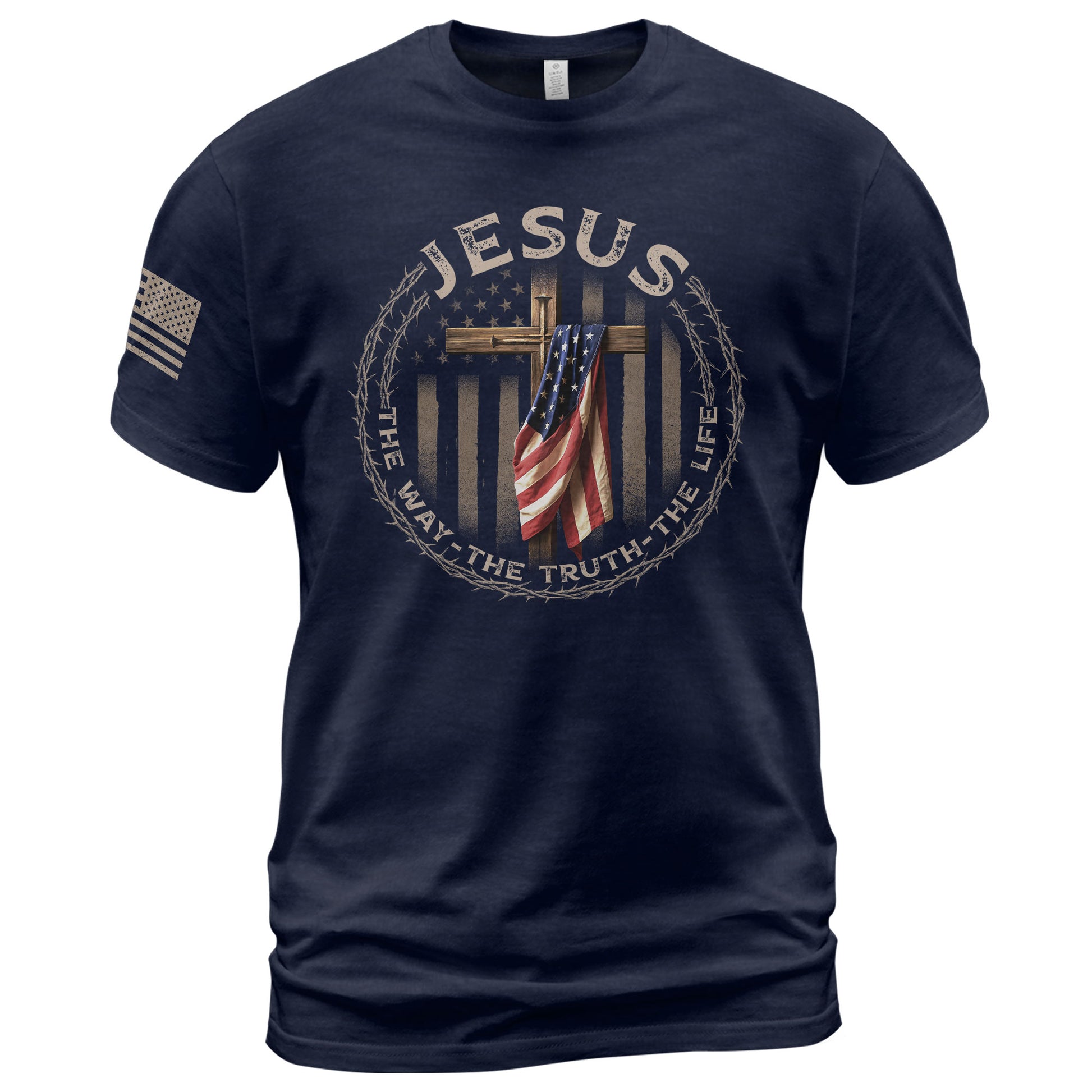 Christian Shirts for Men, Jesus The Way The Truth The Life American Flag Cross and Crown of Thorns - Christian Tee Shirts - Rust Field Wear