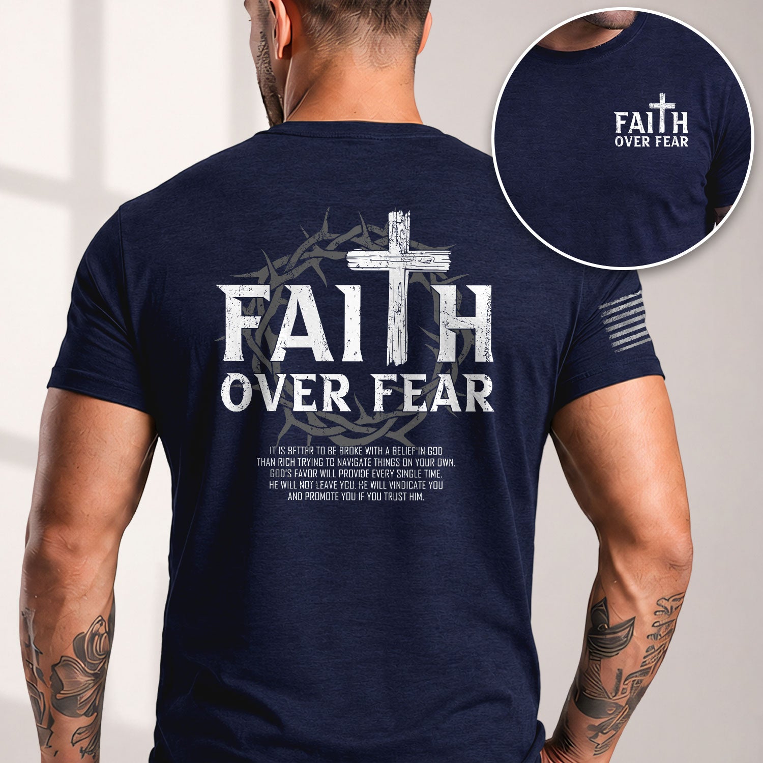 Faith Based Christian Tee Shirts, Faith Over Fear Wooden Cross Crown Christian - Christian Shirts for Men - Rust Field Wear