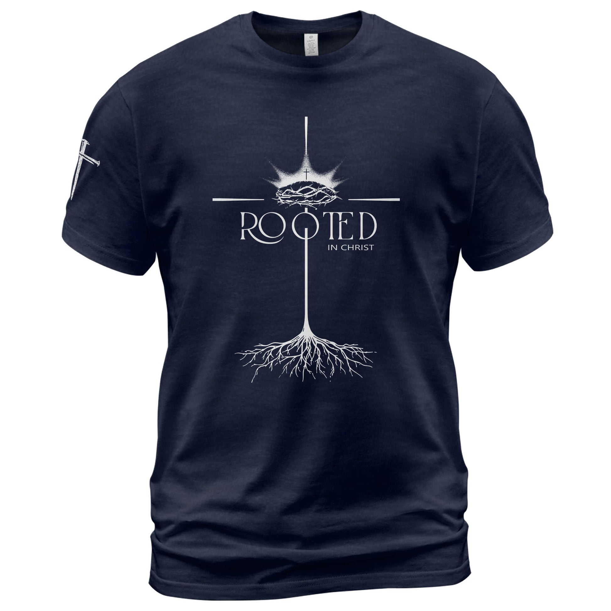 Faith Based Christian Tee Shirts, Rooted In Christ Christian With Crown Of Thorns And Cross Roots - Christian Shirts for Men - Rust Field Wear