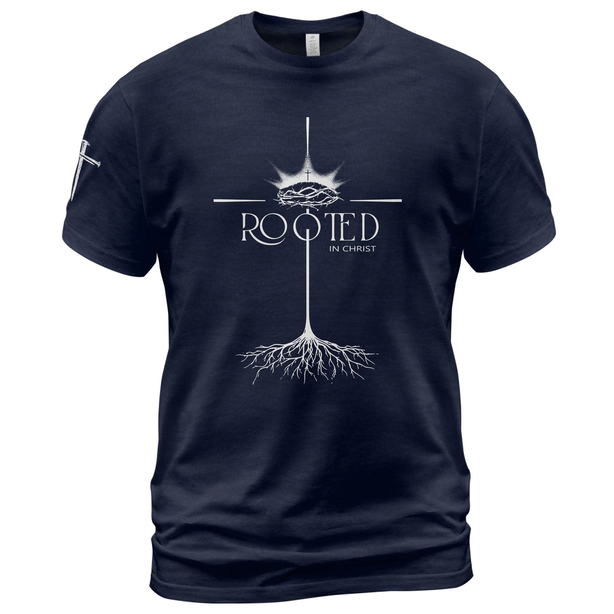 Faith Based Christian Tee Shirts, Rooted In Christ Christian With Crown Of Thorns And Cross Roots - Christian Shirts for Men - Rust Field Wear