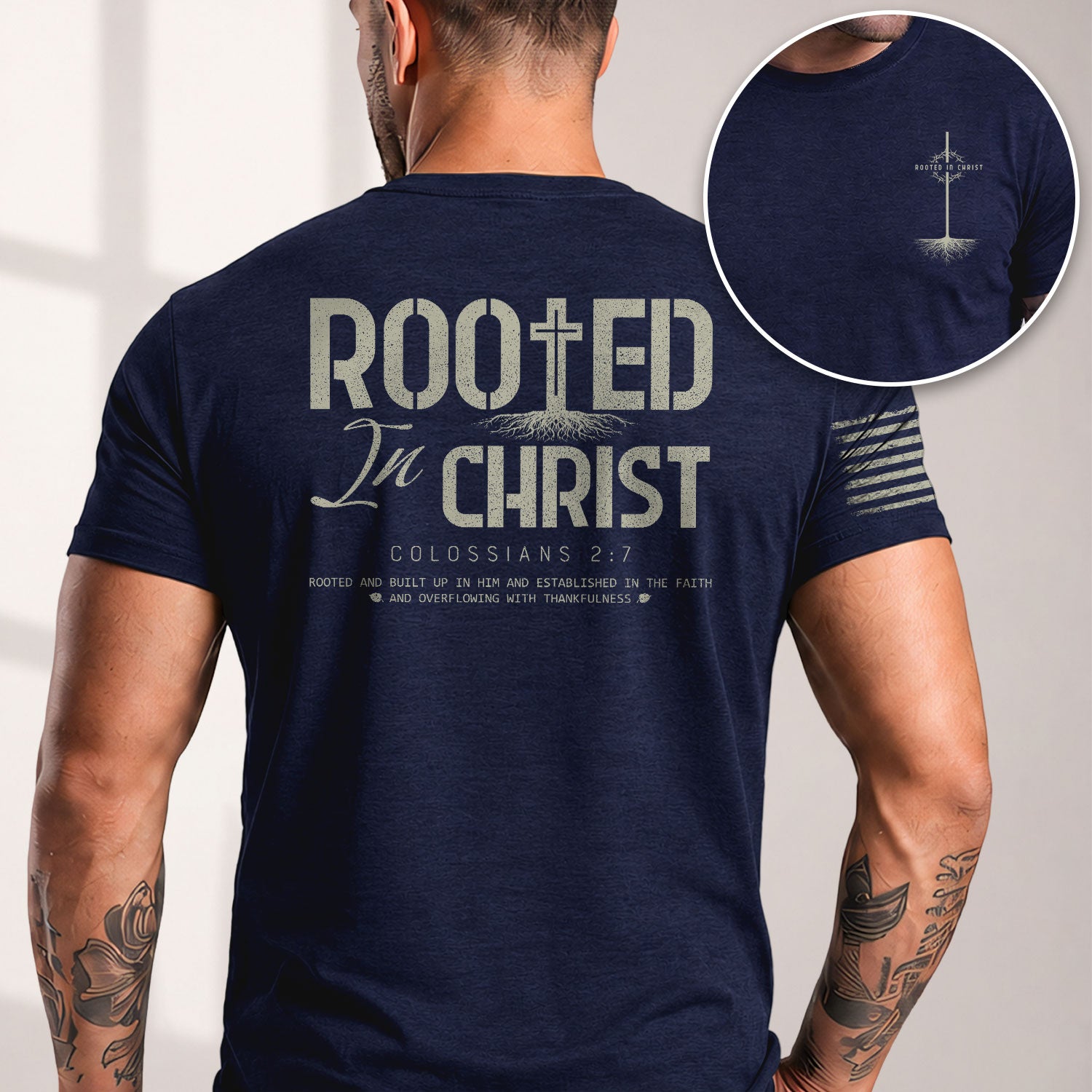 Rooted In Christ Colossians 2 7 Christian With Cross And Roots - Christian Tee Shirts, Christian Shirts for Men - Rust Field Wear