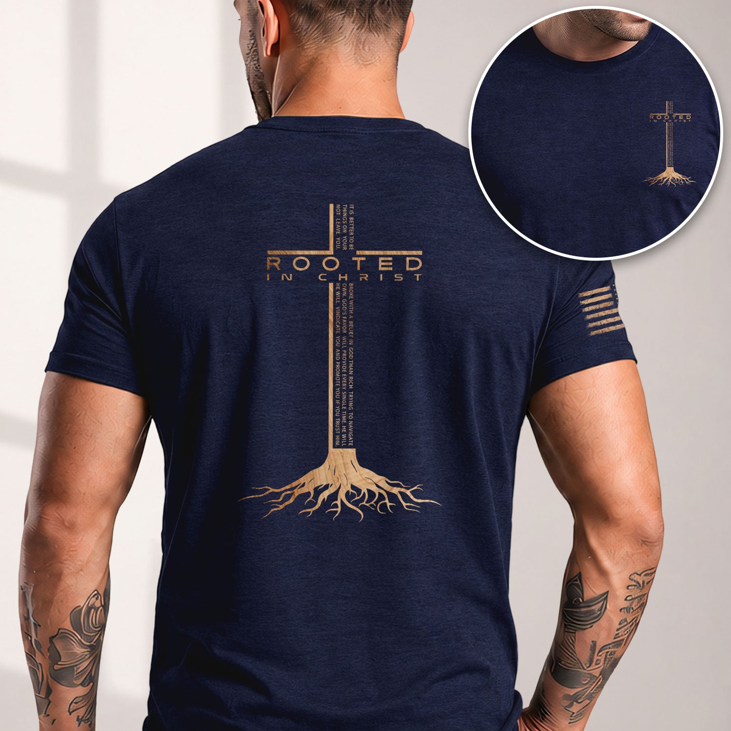 Rooted In Christ Scripture Cross Back Print Christian - Christian Tee Shirts, Christian Shirts for Men - Rust Field Wear