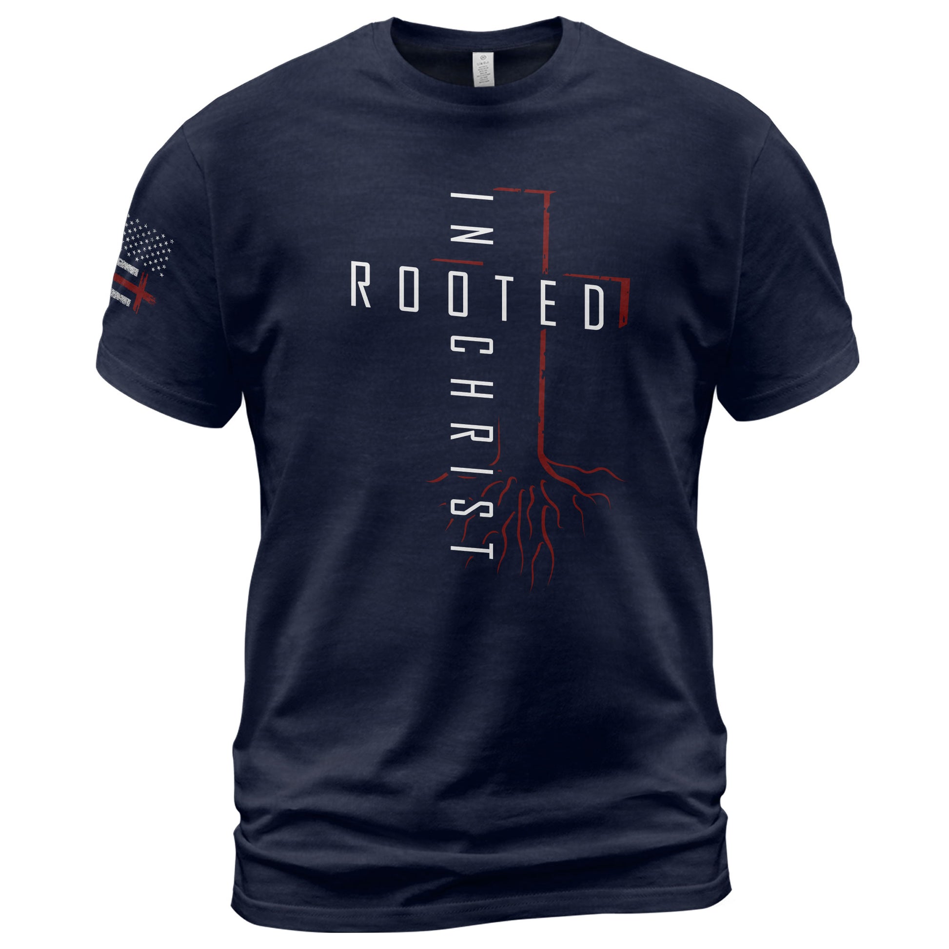 Christian Tee Shirts, Rooted In Christ Red Cross and Roots Christian - Christian Shirts for Men - Rust Field Wear