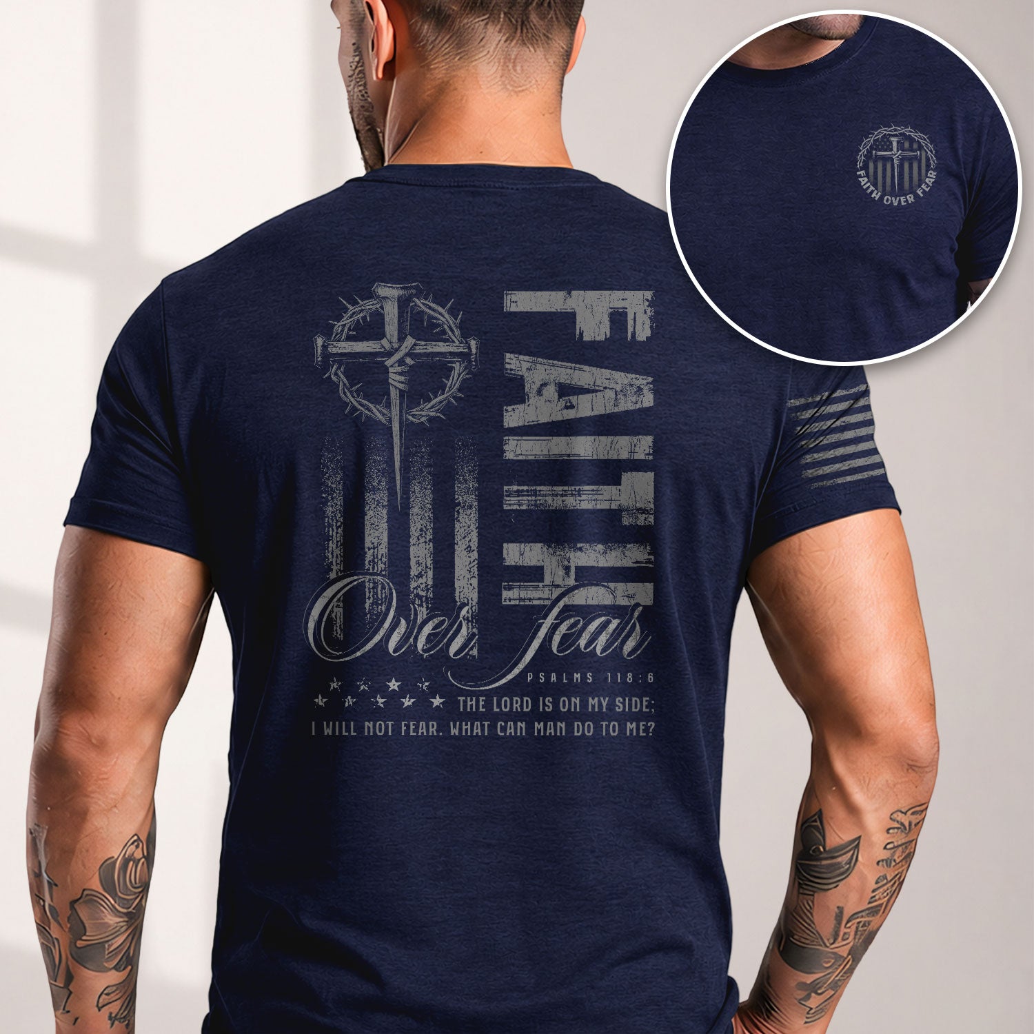 Christian Shirts for Men, Faith Over Fear Psalms 118:6 American Flag Cross Christian - Christian Tee Shirts - Rust Field Wear