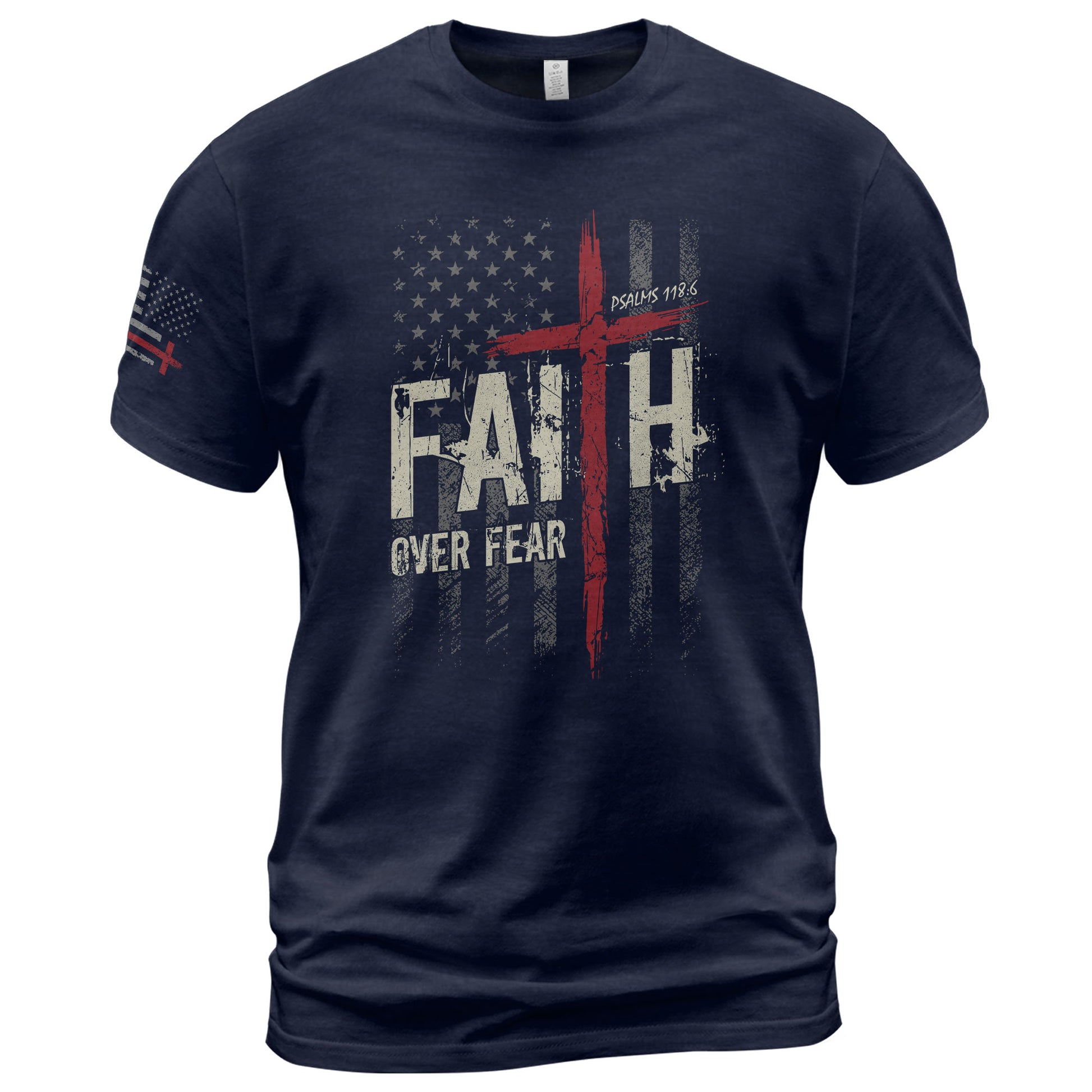 Christian Tee Shirts, Faith Over Fear Psalms 118:6 Red Cross American Flag Christian - Christian Shirts for Men - Rust Field Wear