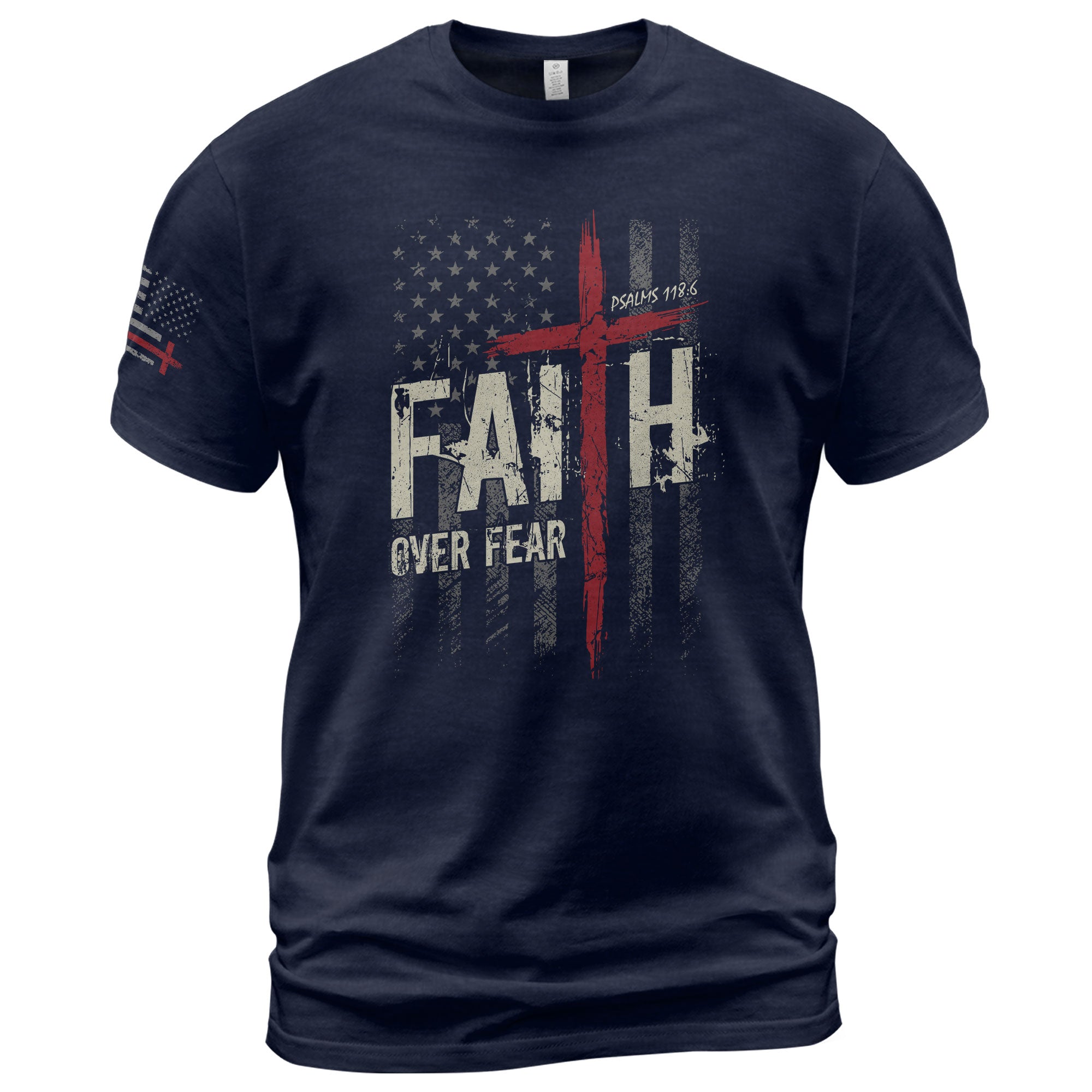 Christian Tee Shirts, Faith Over Fear Psalms 118:6 Red Cross American Flag Christian - Christian Shirts for Men - Rust Field Wear