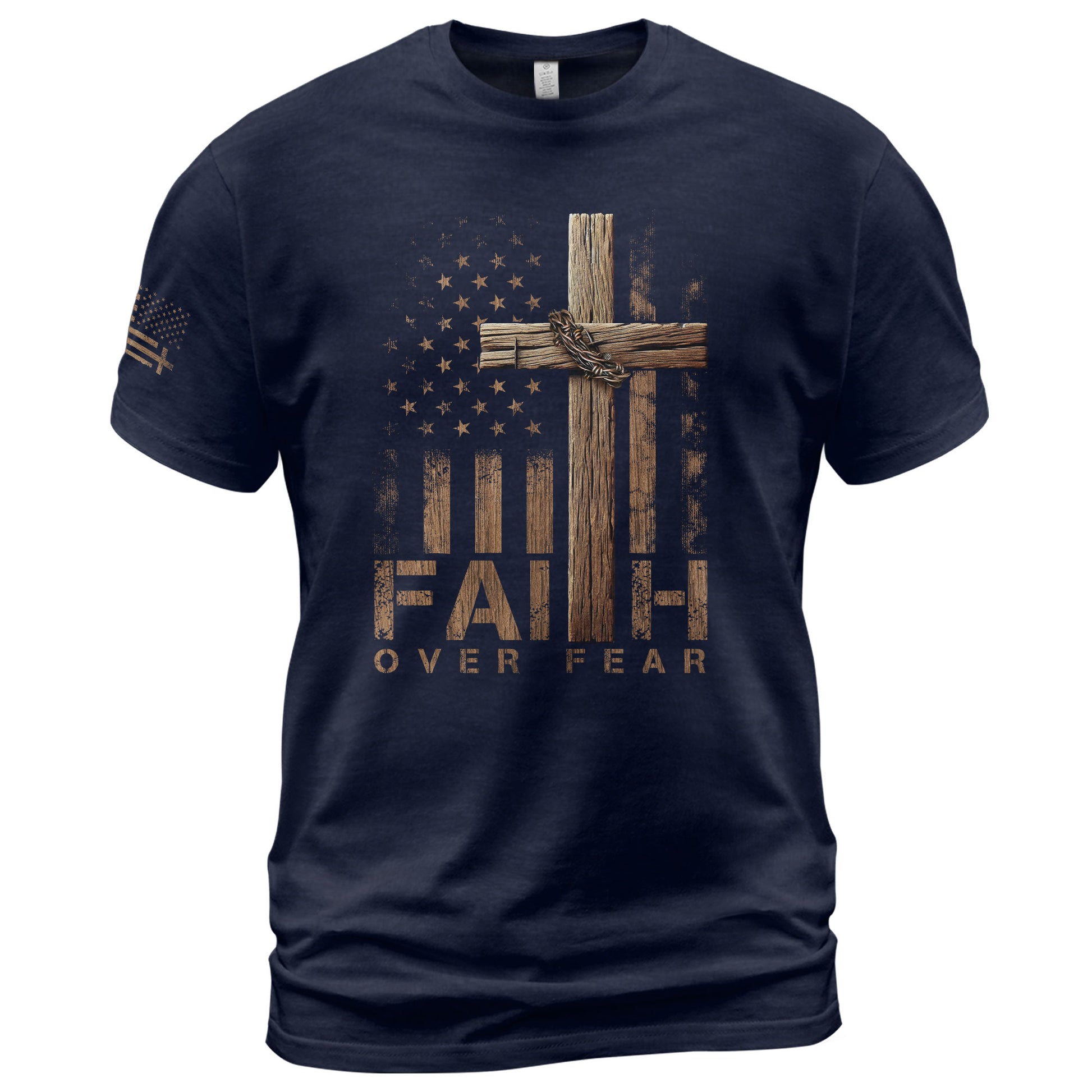 Faith Over Fear Wooden Cross American Flag Christian - Christian Shirts for Men, Faith Based Christian Tee Shirts - Rust Field Wear