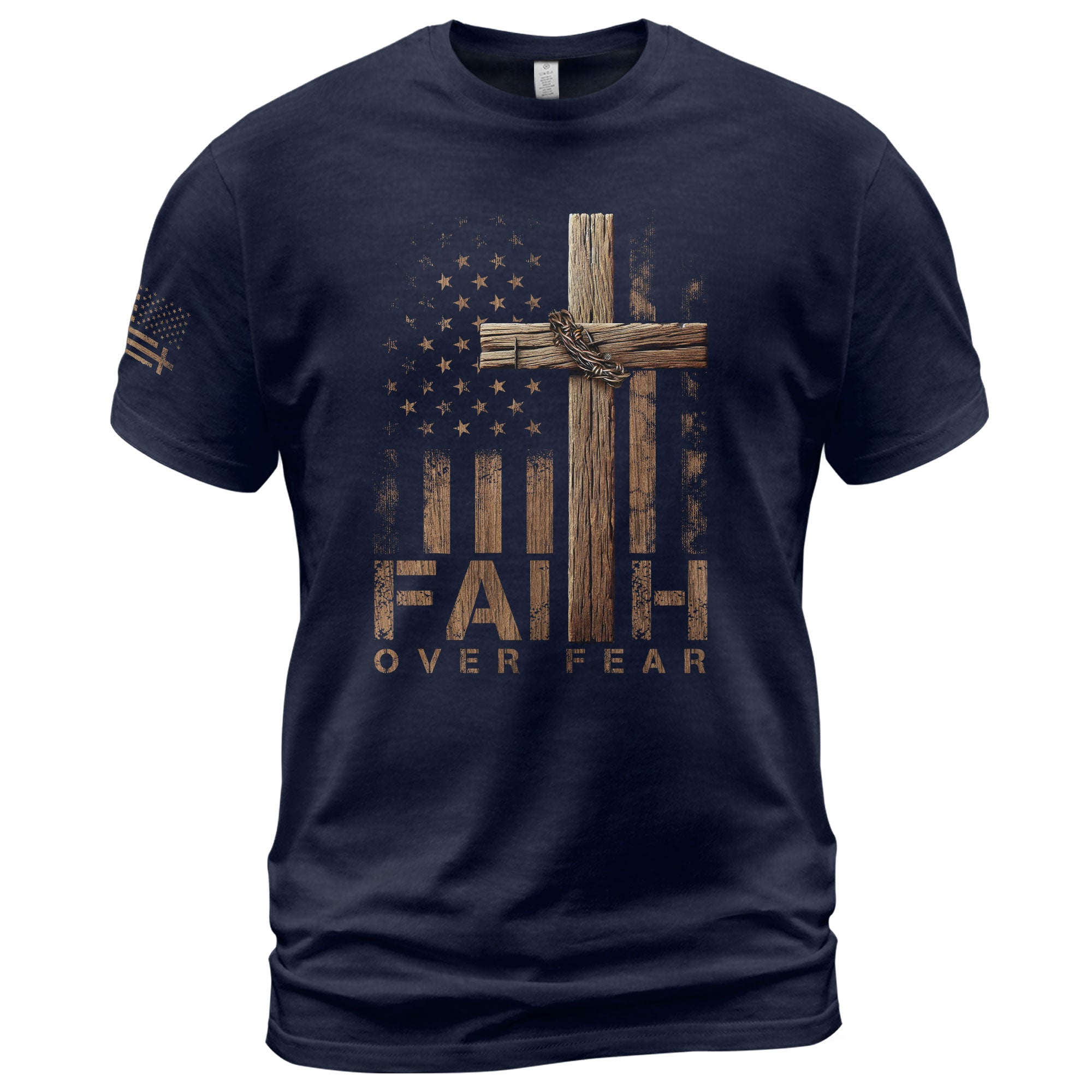 Faith Over Fear Wooden Cross American Flag Christian - Christian Shirts for Men, Faith Based Christian Tee Shirts - Rust Field Wear