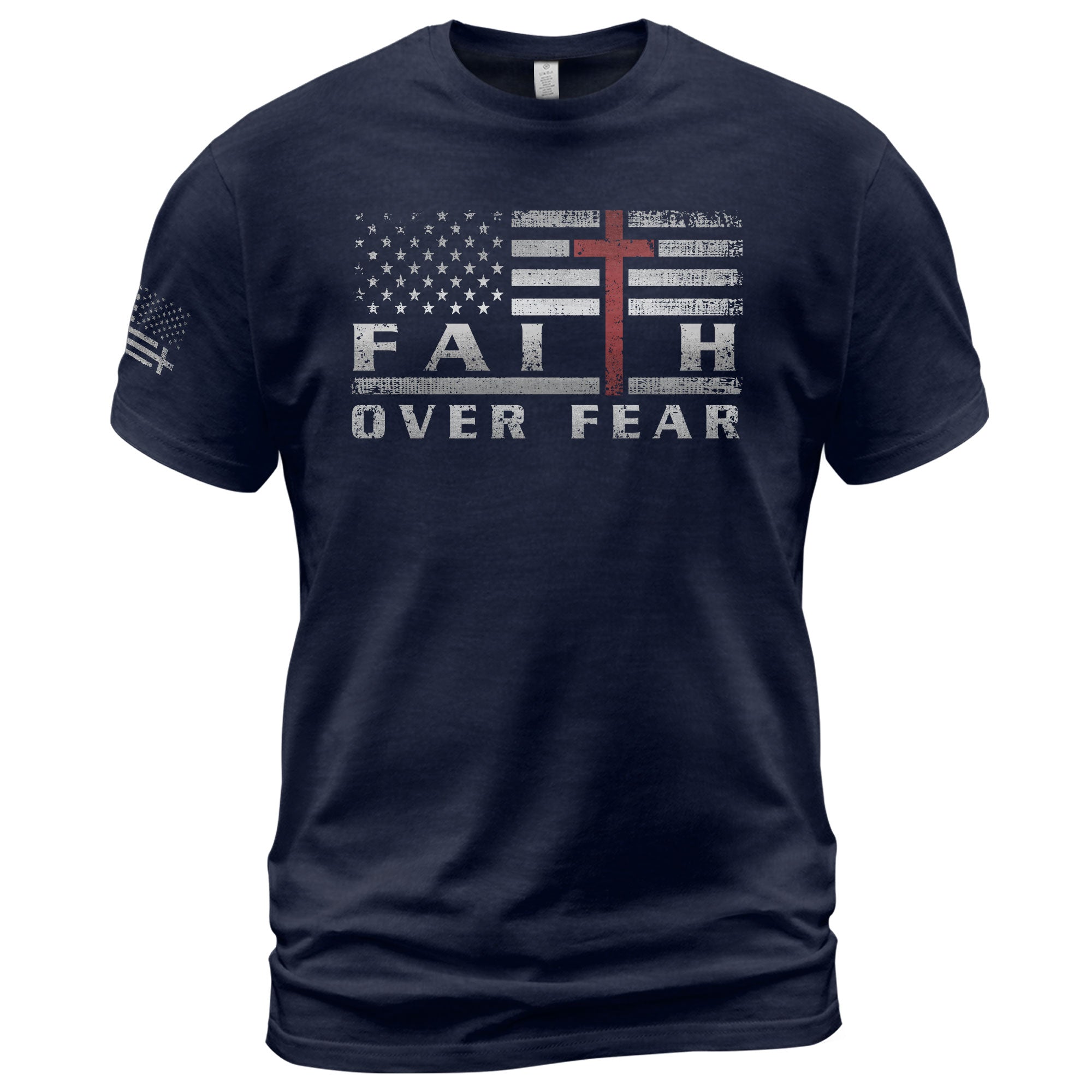 Faith Over Fear USA Flag Red Cross Christian - Christian Tee Shirts, Christian Shirts for Men - Rust Field Wear