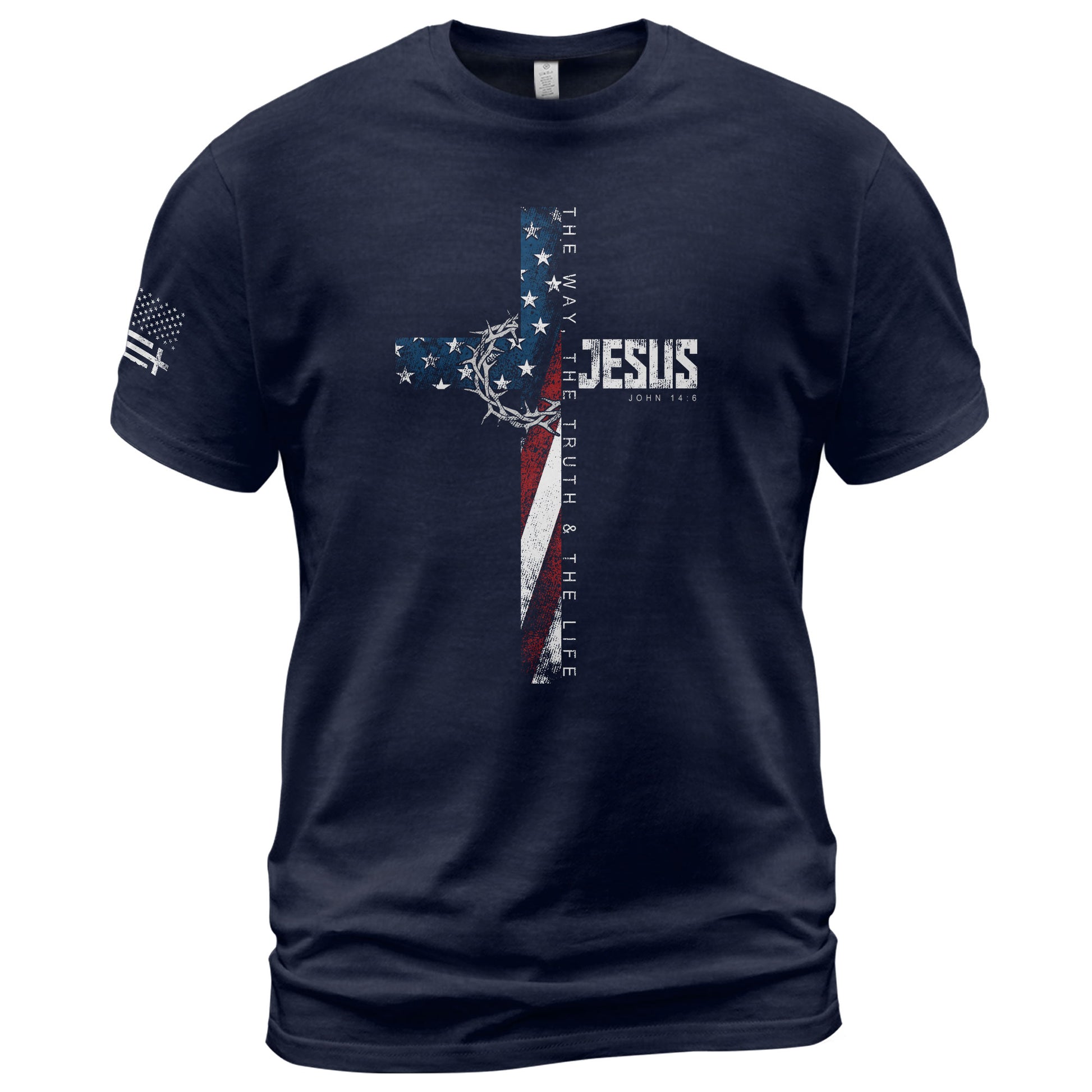 Christian Shirts for Men, Jesus John 14:6 American Flag Cross Crown Christian - Christian Tee Shirts - Rust Field Wear