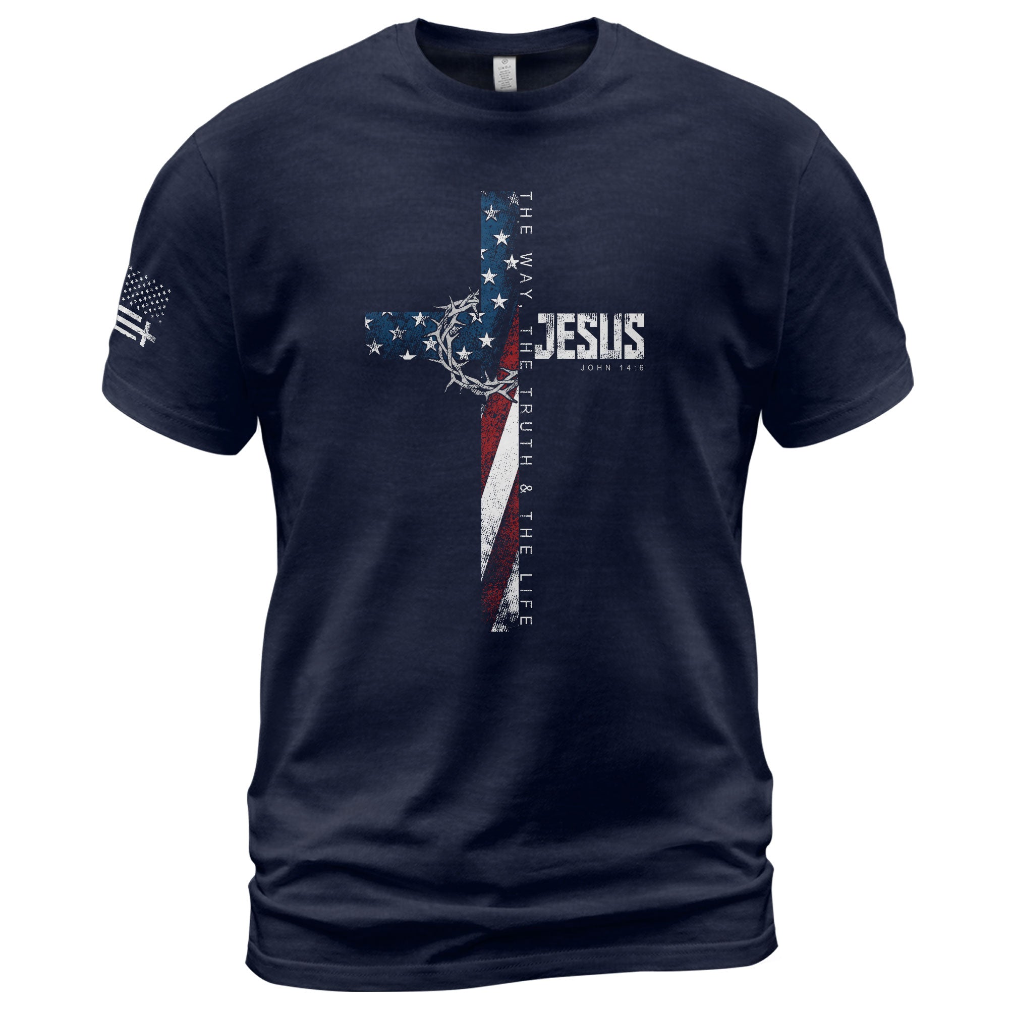 Christian Shirts for Men, Jesus John 14:6 American Flag Cross Crown Christian - Christian Tee Shirts - Rust Field Wear