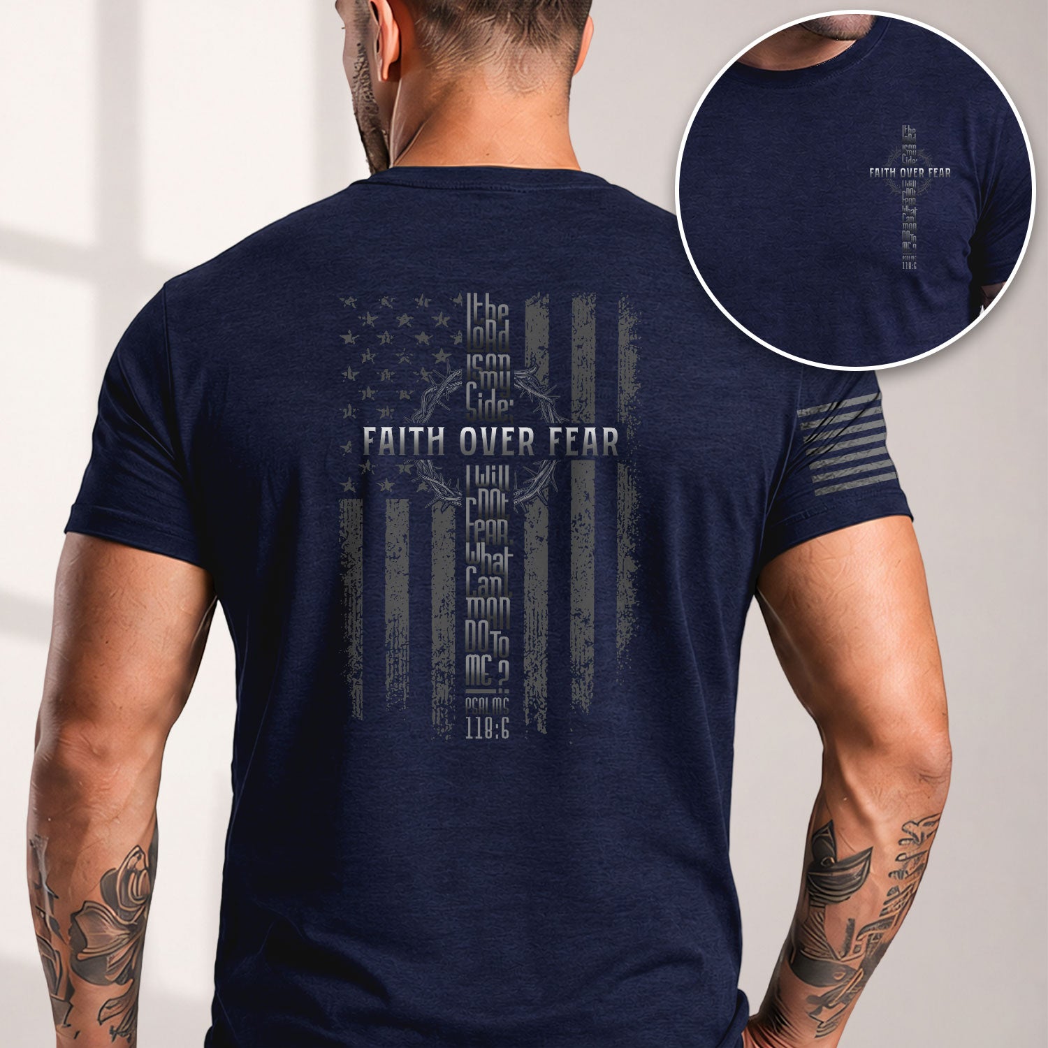 Christian Shirts for Men, Faith Over Fear American Flag Cross Psalms 118:6 Christian - Christian Tee Shirts - Rust Field Wear