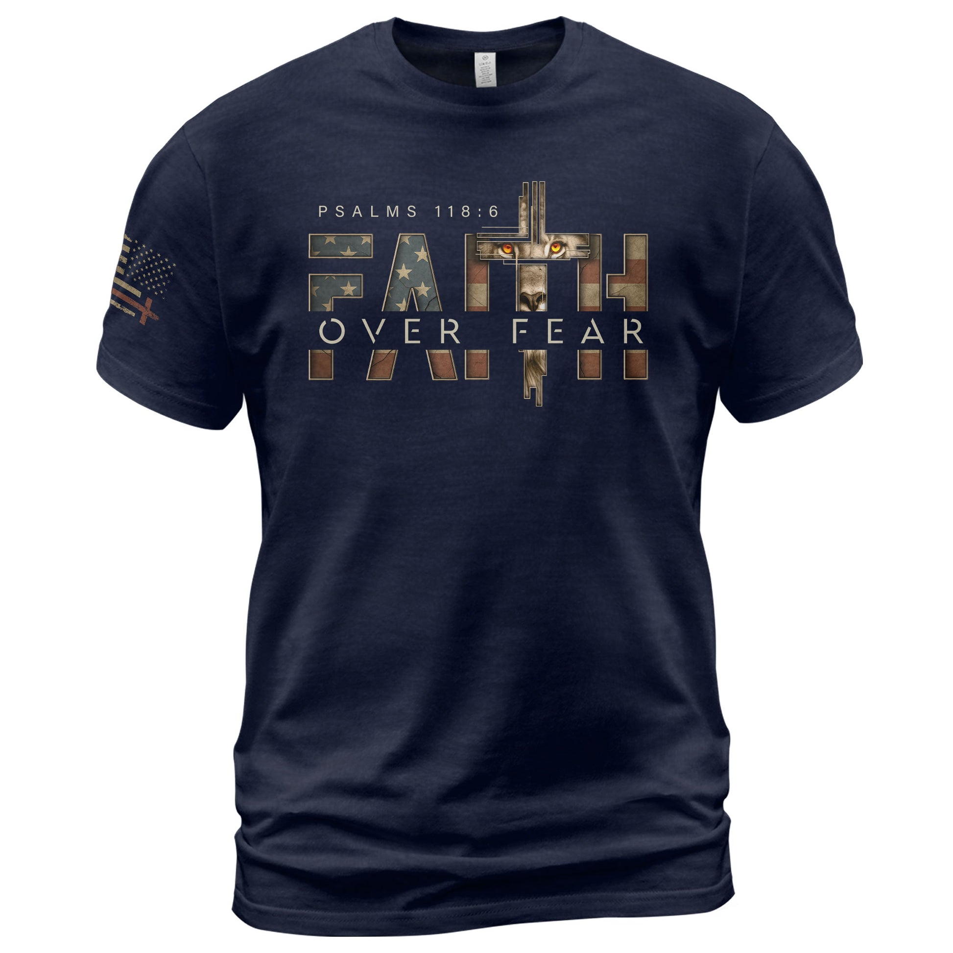 Faith Over Fear Lion Cross American Flag Psalms 118:6 Christian, Christian Tee Shirts - Faith Shirts for Men - Rust Field Wear